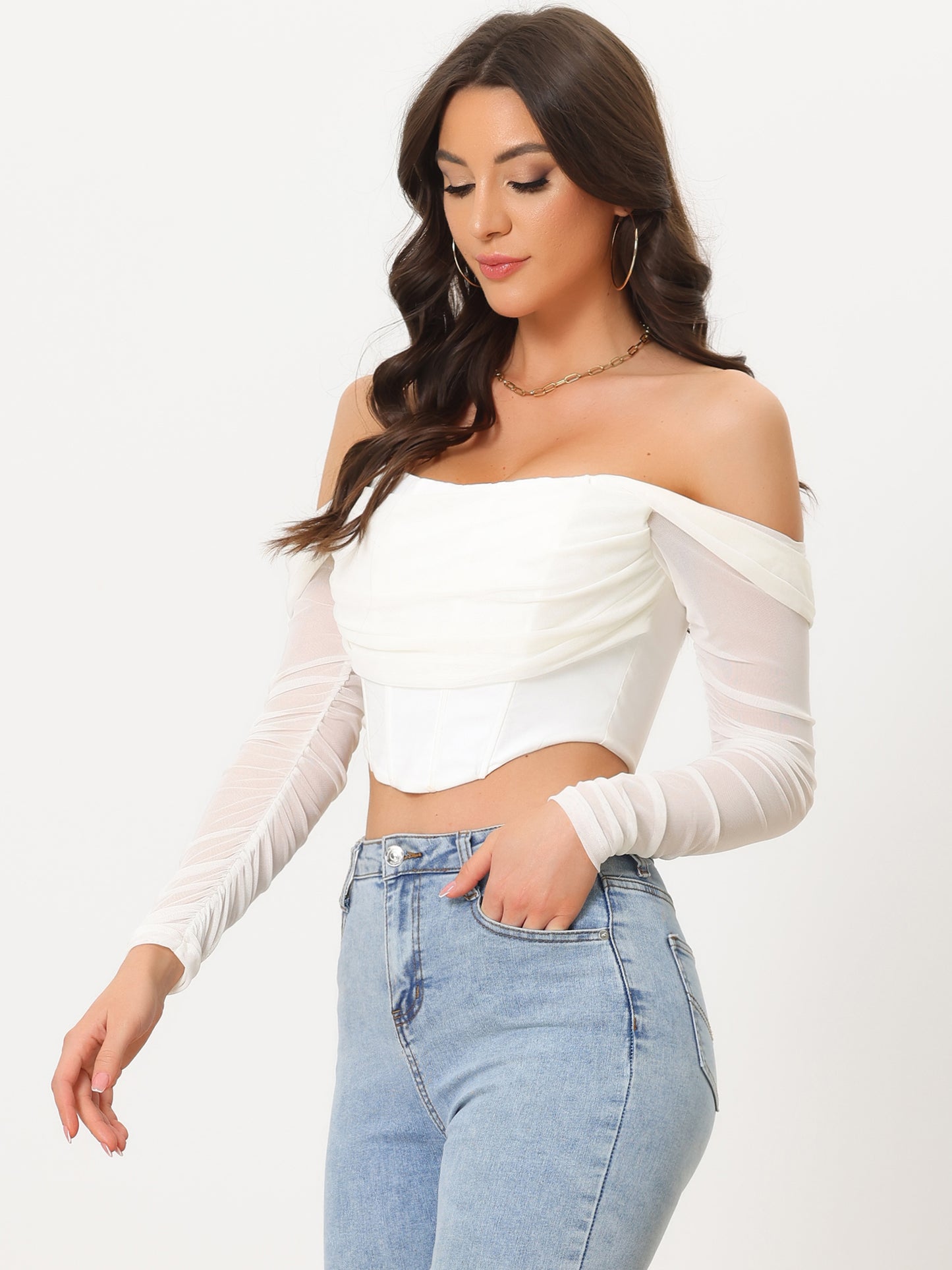 Women's Mesh Sheer Long Sleeve Corset Crop Top Ruched Off Shoulder Blouse Push Up Party Boned Bustier