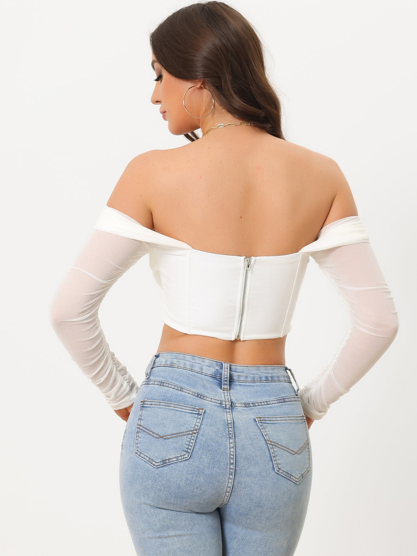 Women's Mesh Sheer Long Sleeve Corset Crop Top Ruched Off Shoulder Blouse Push Up Party Boned Bustier
