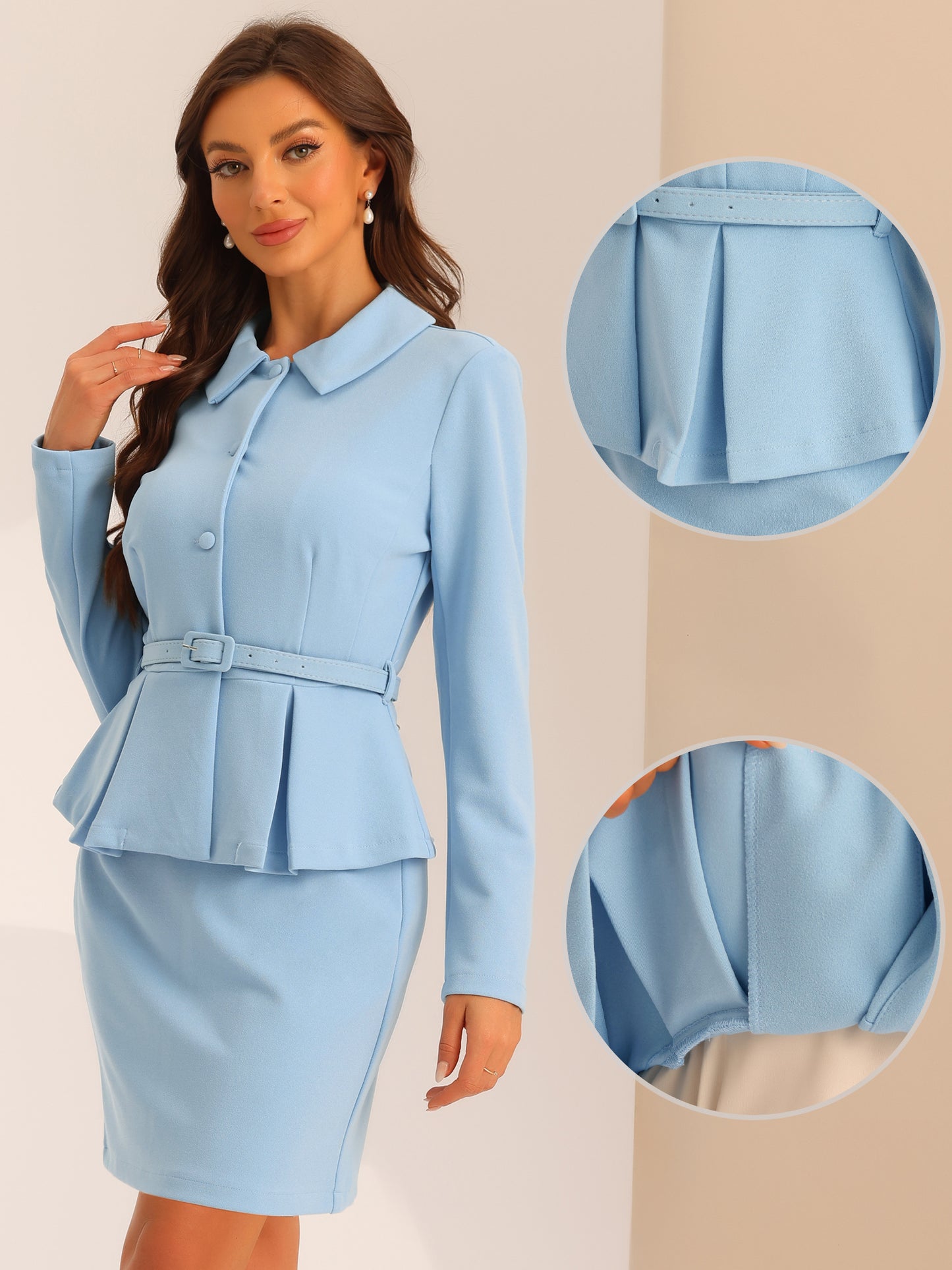 Women's Business Two Pieces Suit Set Peplum Blazer Jacket Mini Pencil Skirt