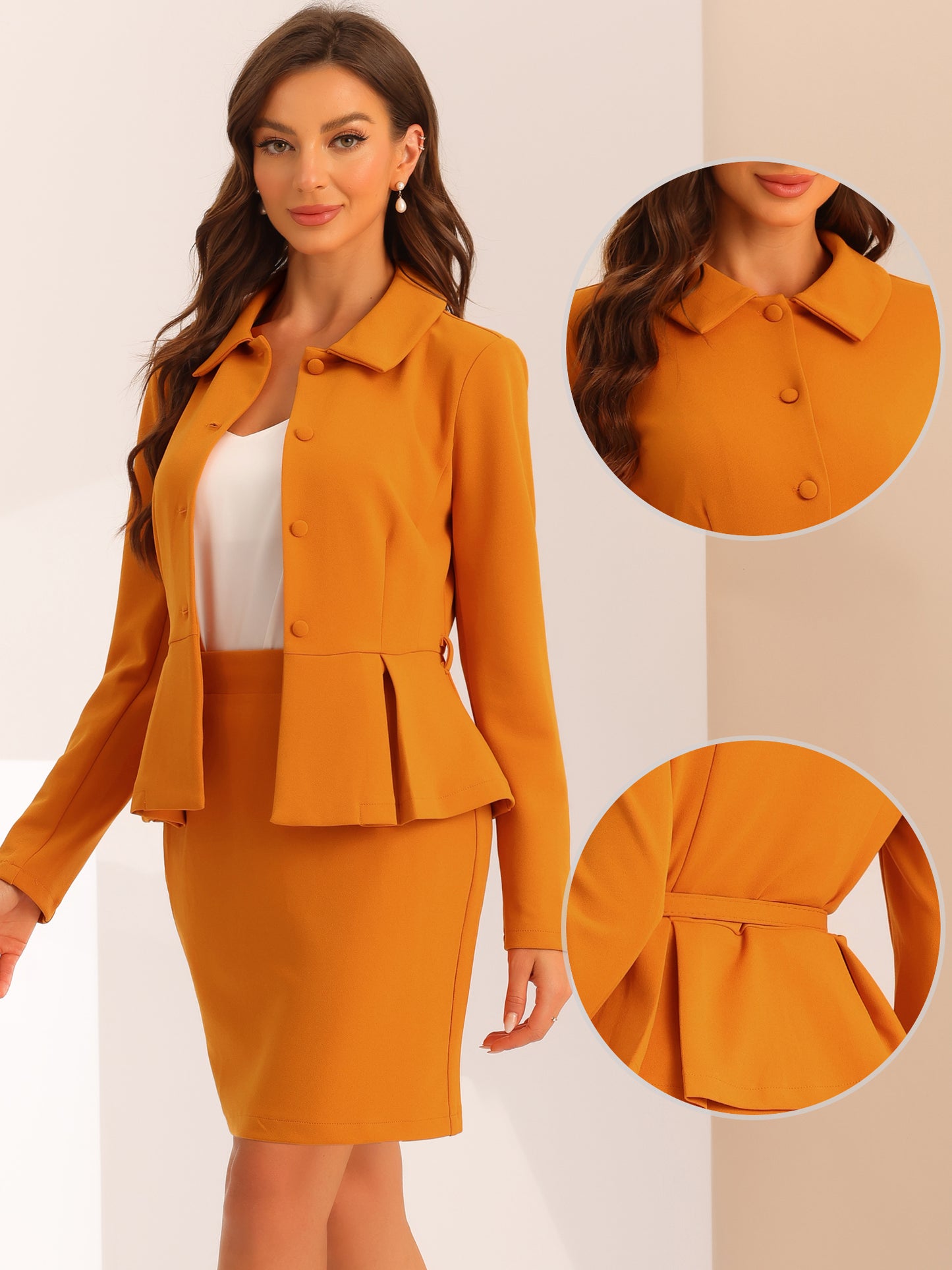 Women's Business Two Pieces Suit Set Peplum Blazer Jacket Mini Pencil Skirt