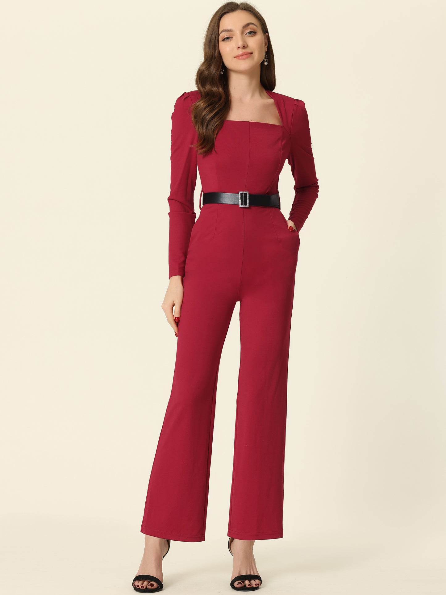 Women's Elegant Jumpsuit Square Neck Long Sleeve Wide Leg Long Pants Dressy Jumpsuits