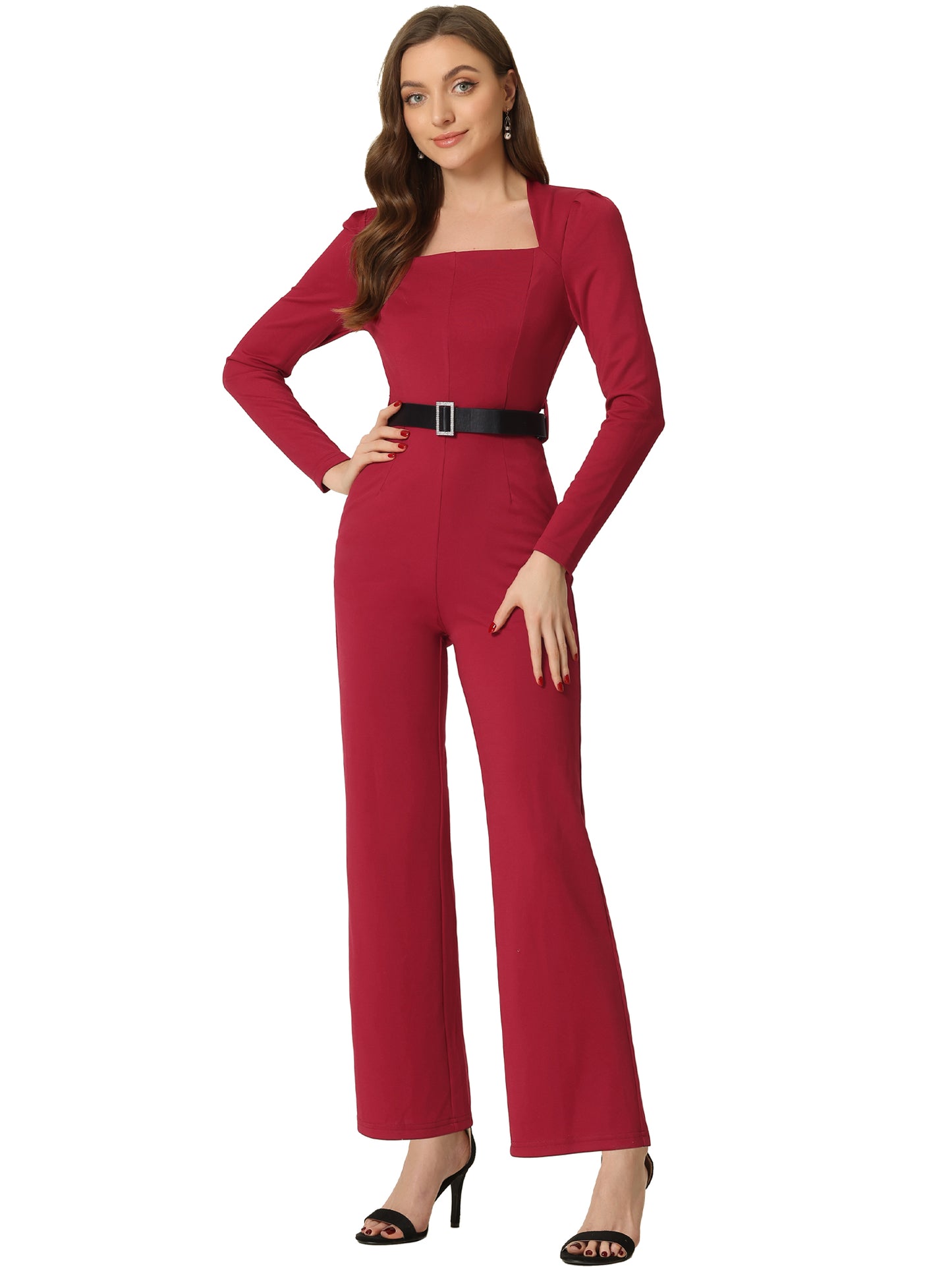 Women's Elegant Jumpsuit Square Neck Long Sleeve Wide Leg Long Pants Dressy Jumpsuits