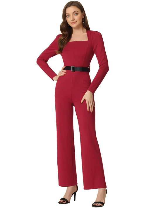 Mono elegante para mujer, cuello cuadrado, manga larga, pierna ancha, pantalones largos, monos elegantes
