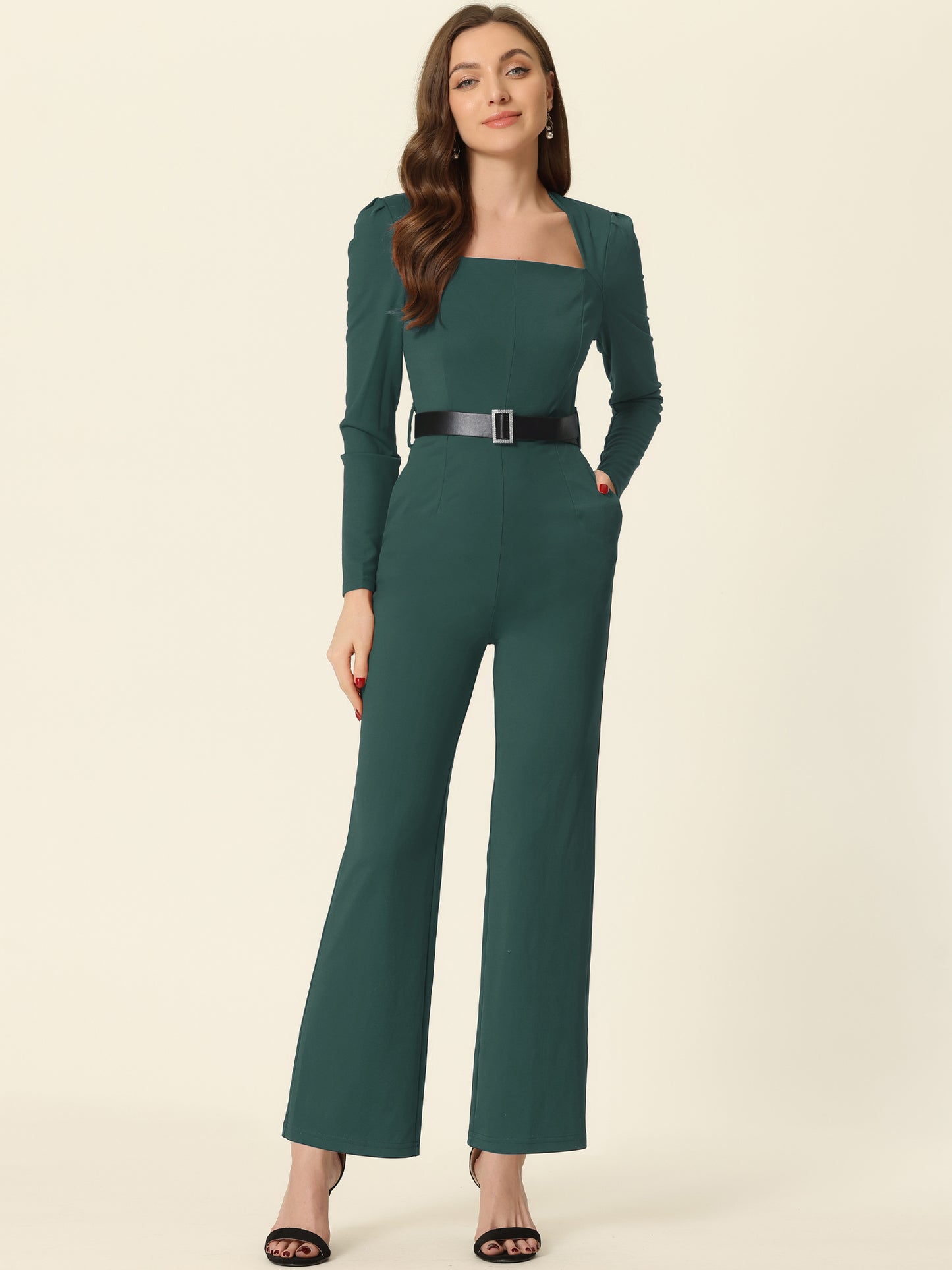 Women's Elegant Jumpsuit Square Neck Long Sleeve Wide Leg Long Pants Dressy Jumpsuits