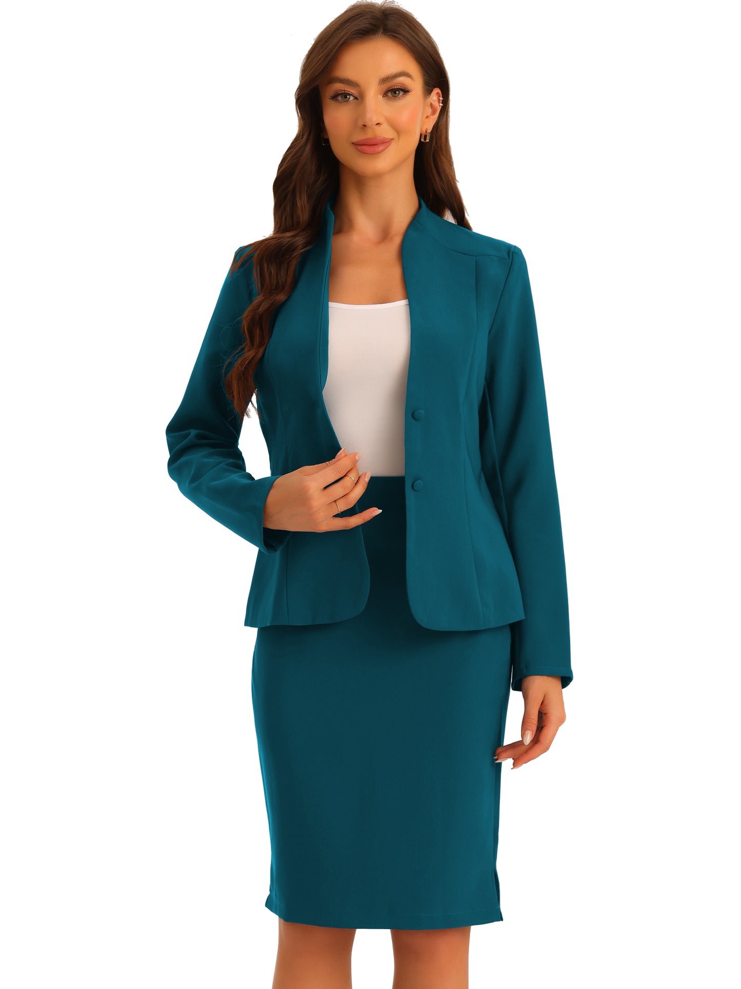 Women's 2 Piece Suit Skirt Set Business Formal Collarless Blazer and Pencil Skirt (Available in Plus Size)
