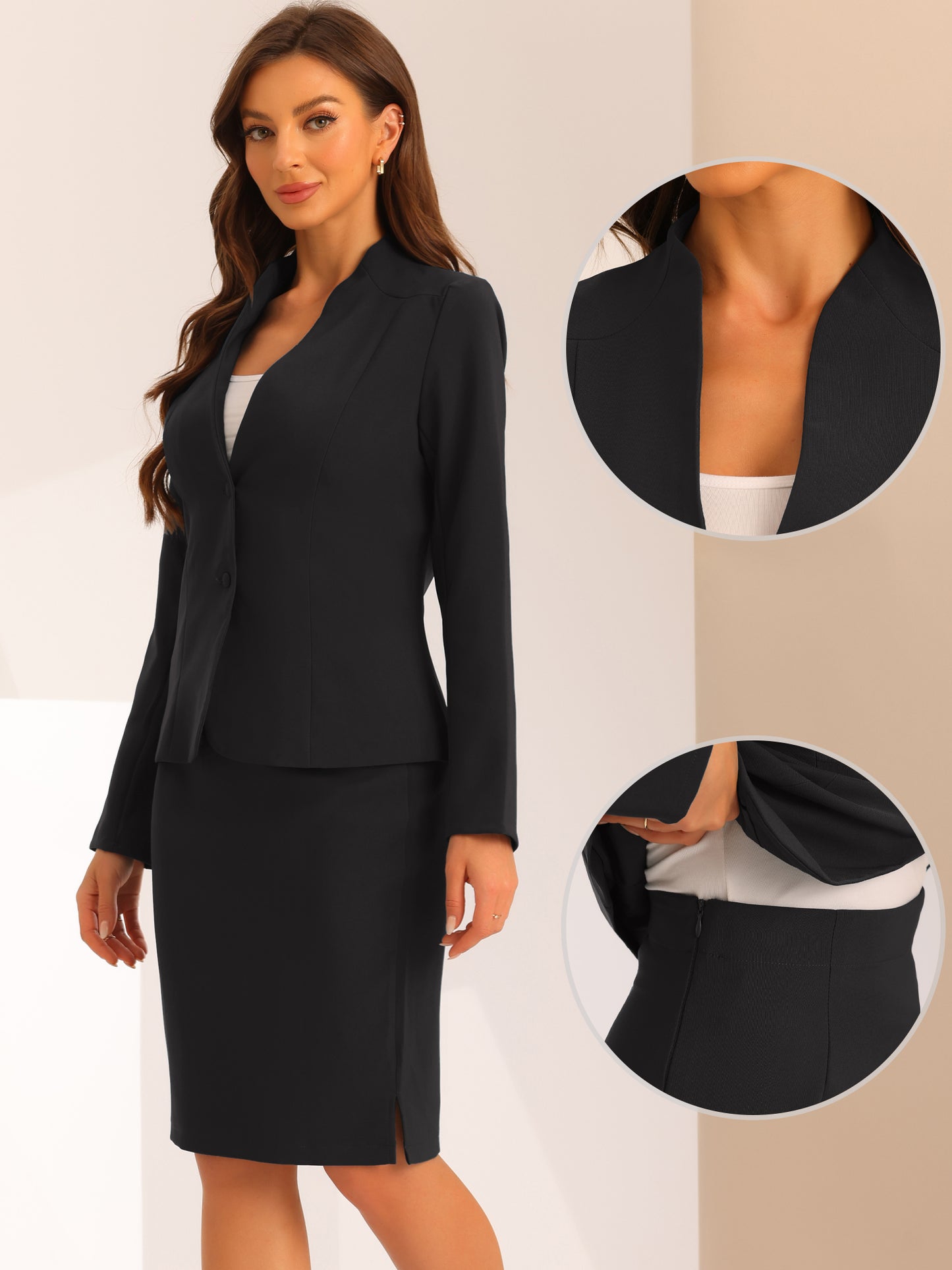 Women's 2 Piece Suit Skirt Set Business Formal Collarless Blazer and Pencil Skirt (Available in Plus Size)