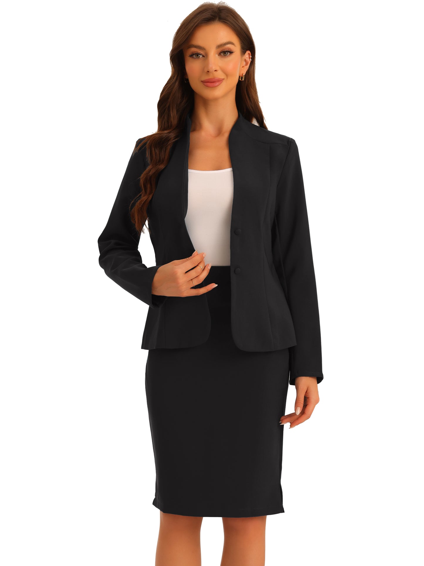 Women's 2 Piece Suit Skirt Set Business Formal Collarless Blazer and Pencil Skirt (Available in Plus Size)
