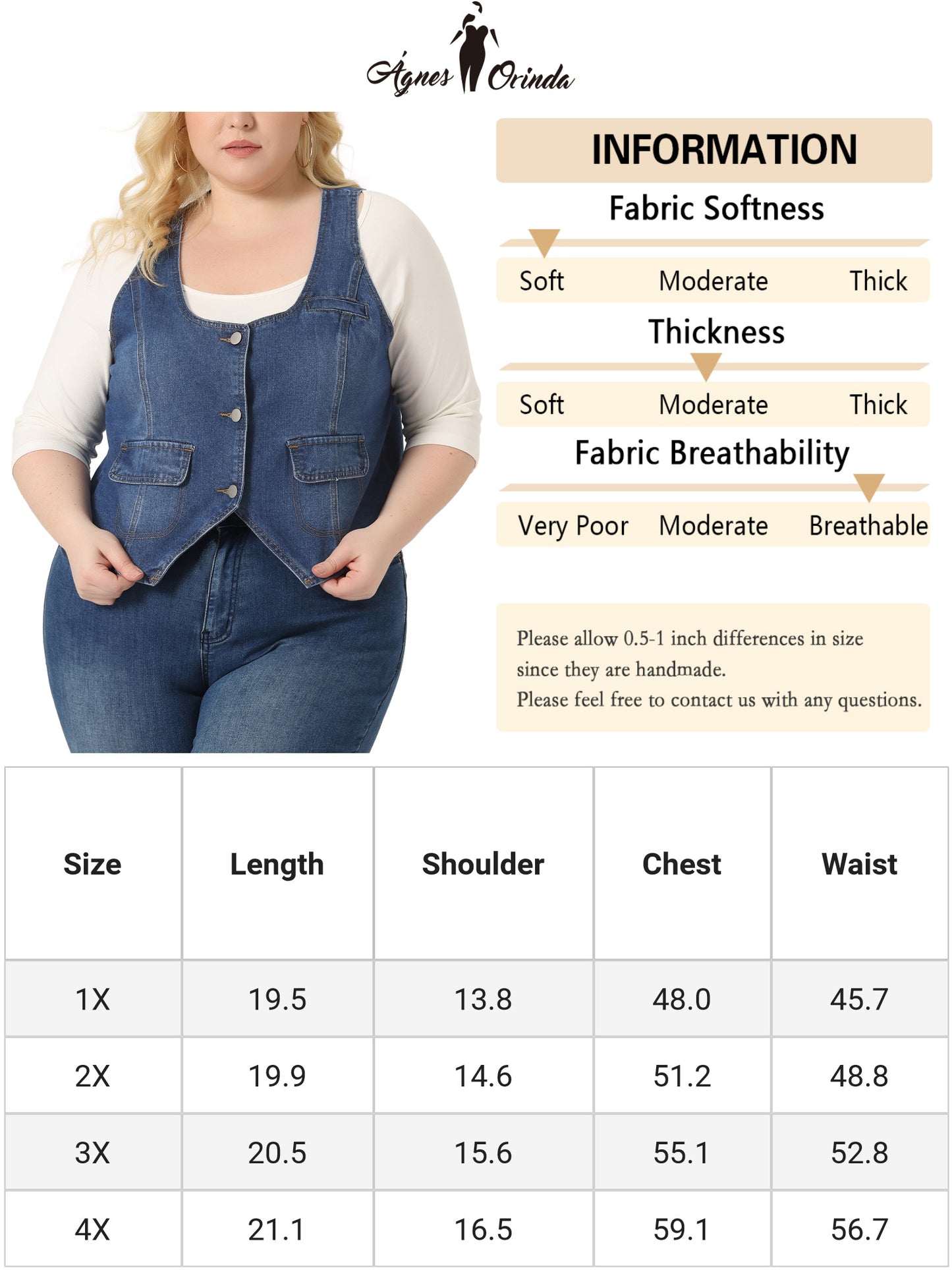 Women Plus Size Sleeveless Denim Jackets Lightweight Button Jean Crop Waistcoat Vest