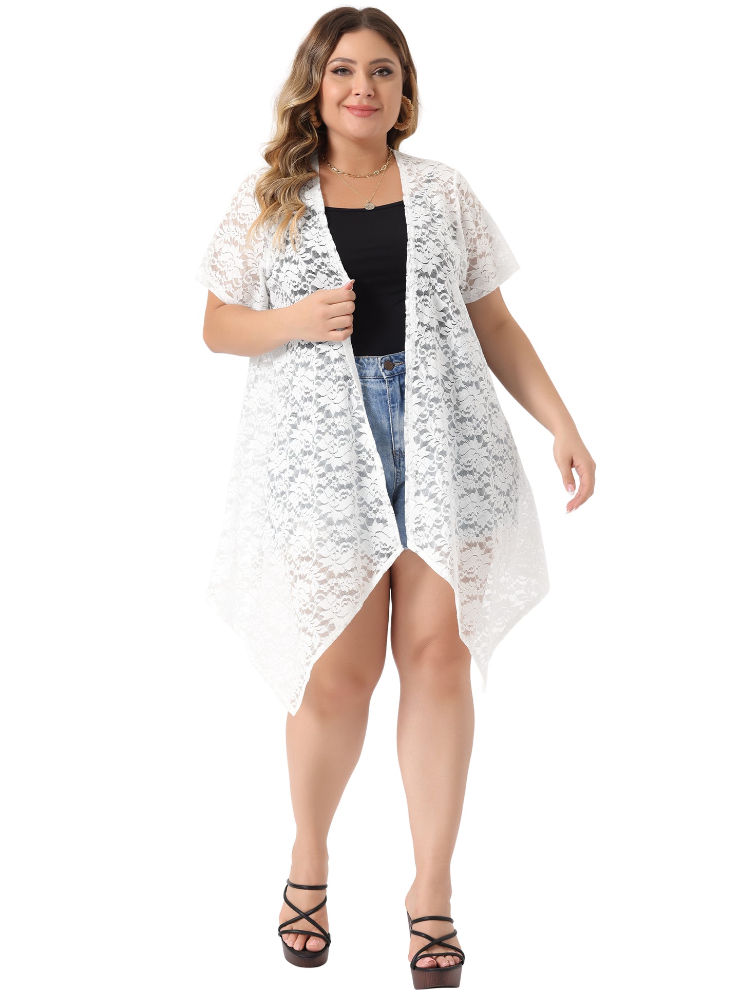 Women Plus Size Lace Crochet Cardigan Open Front Short Sleeves Sheer Cover Up Jacket