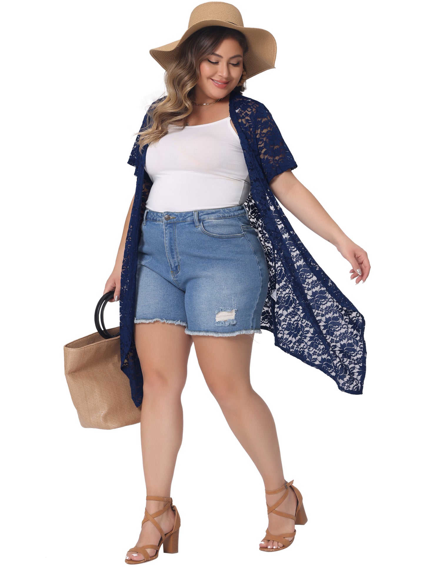 Women Plus Size Lace Crochet Cardigan Open Front Short Sleeves Sheer Cover Up Jacket