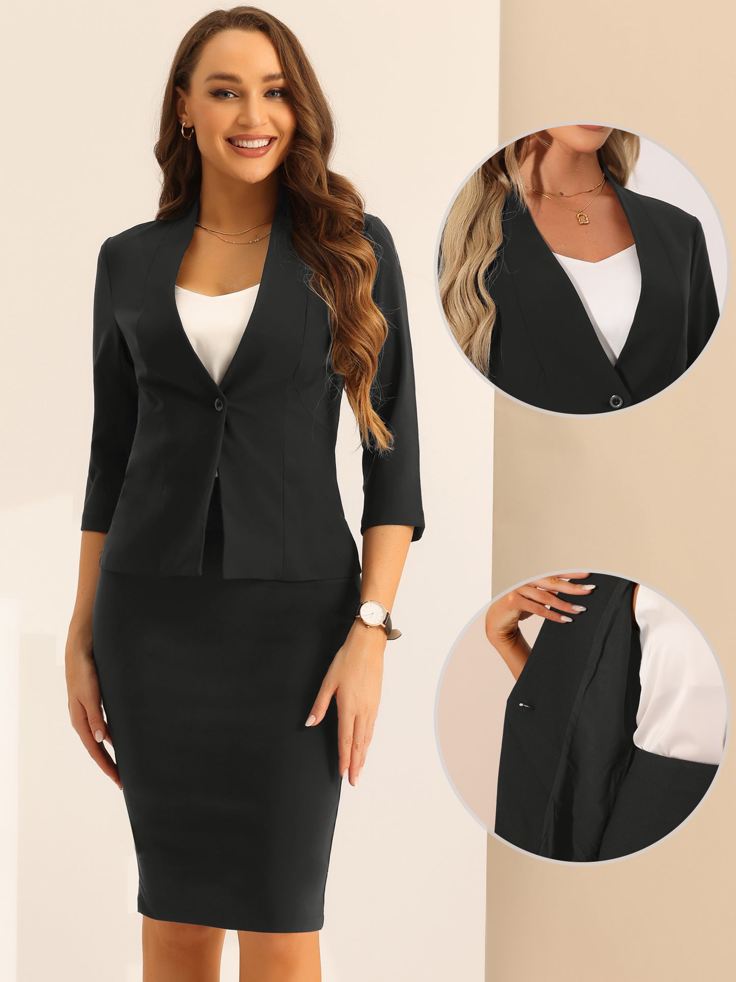 Women's 2 Piece Business Skirt Suit Set Office Work Collarless Blazer Pencil Skirt