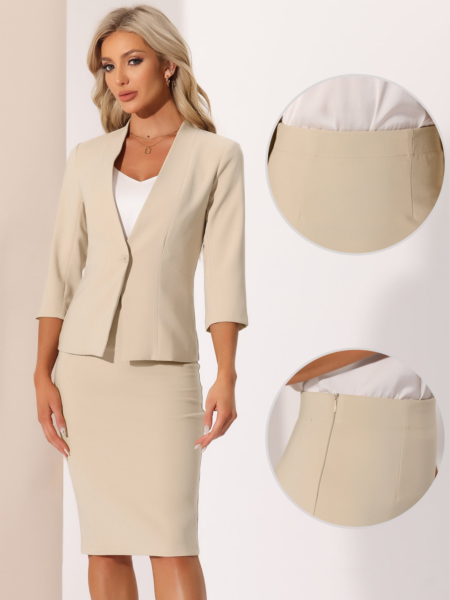 Women's 2 Piece Business Skirt Suit Set Office Work Collarless Blazer Pencil Skirt (Available in Plus Size)