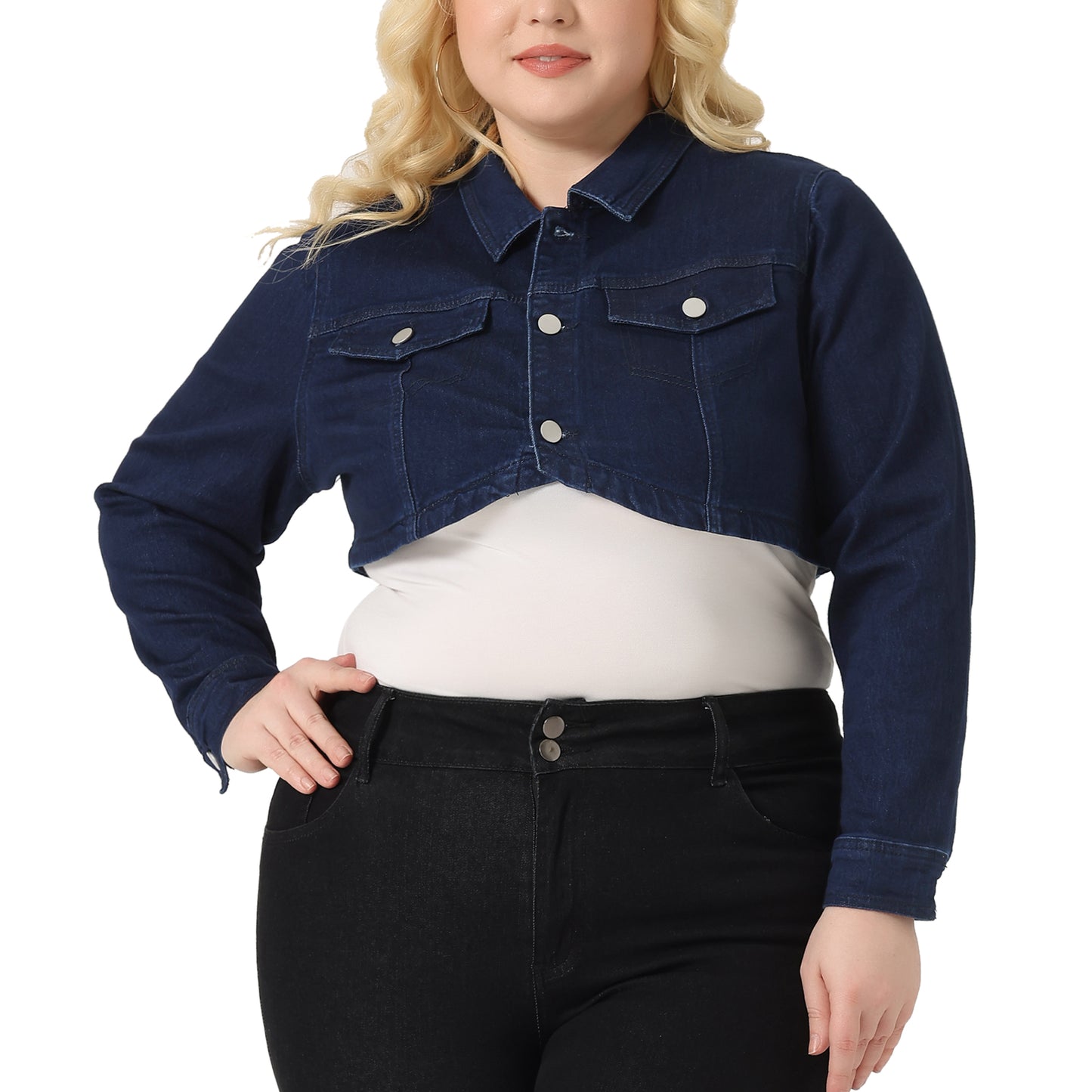 Women Plus Size Denim Jacket Long Sleeve Washed Button Jean Crop Denim Jackets