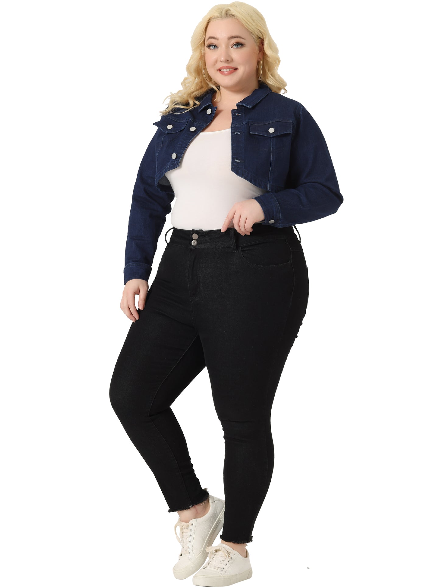 Women Plus Size Denim Jacket Long Sleeve Washed Button Jean Crop Denim Jackets