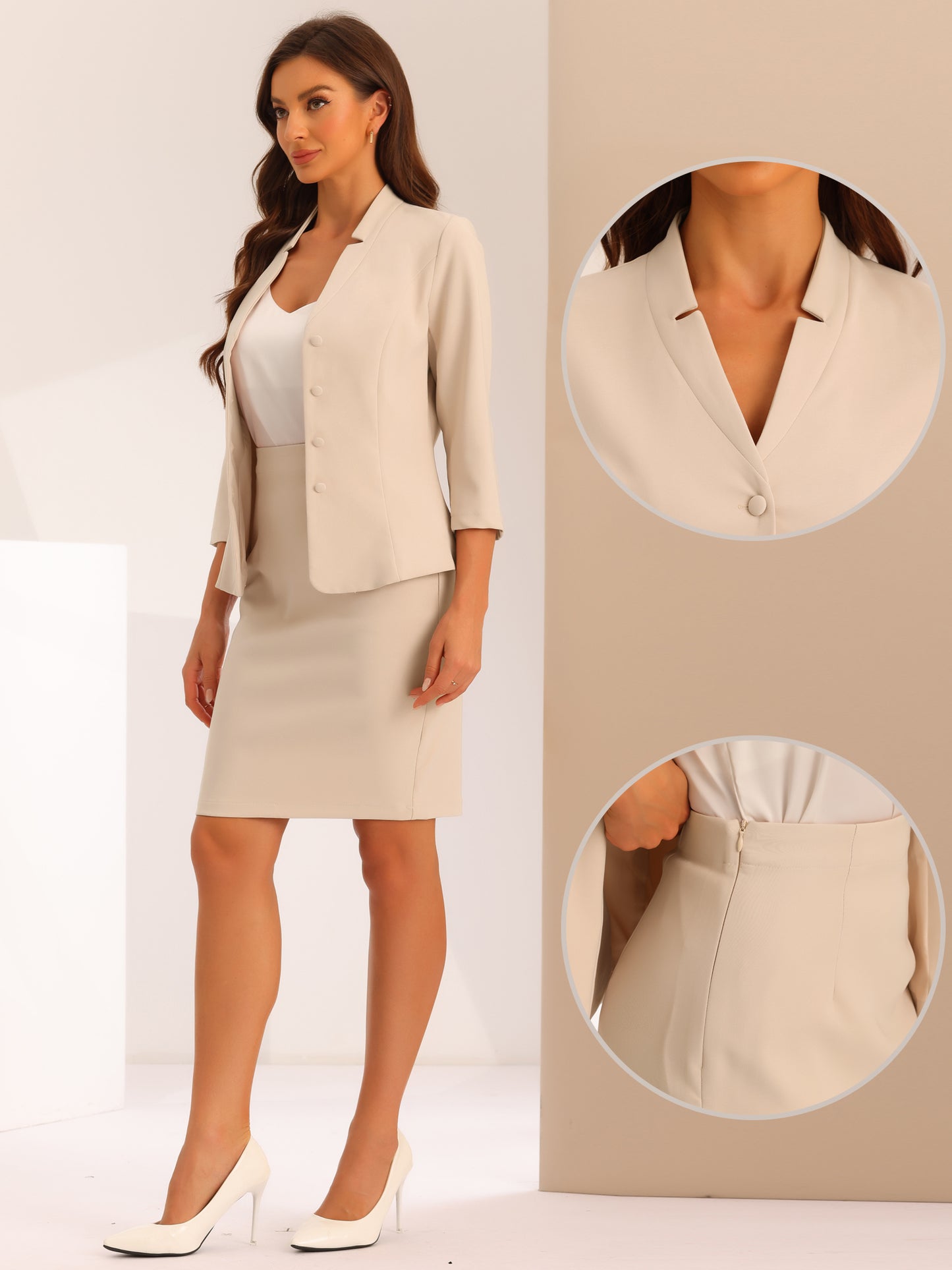 Women's 2 Piece Suit Skirt Set Notched Collar Casual Business Blazer Pencil Skirt