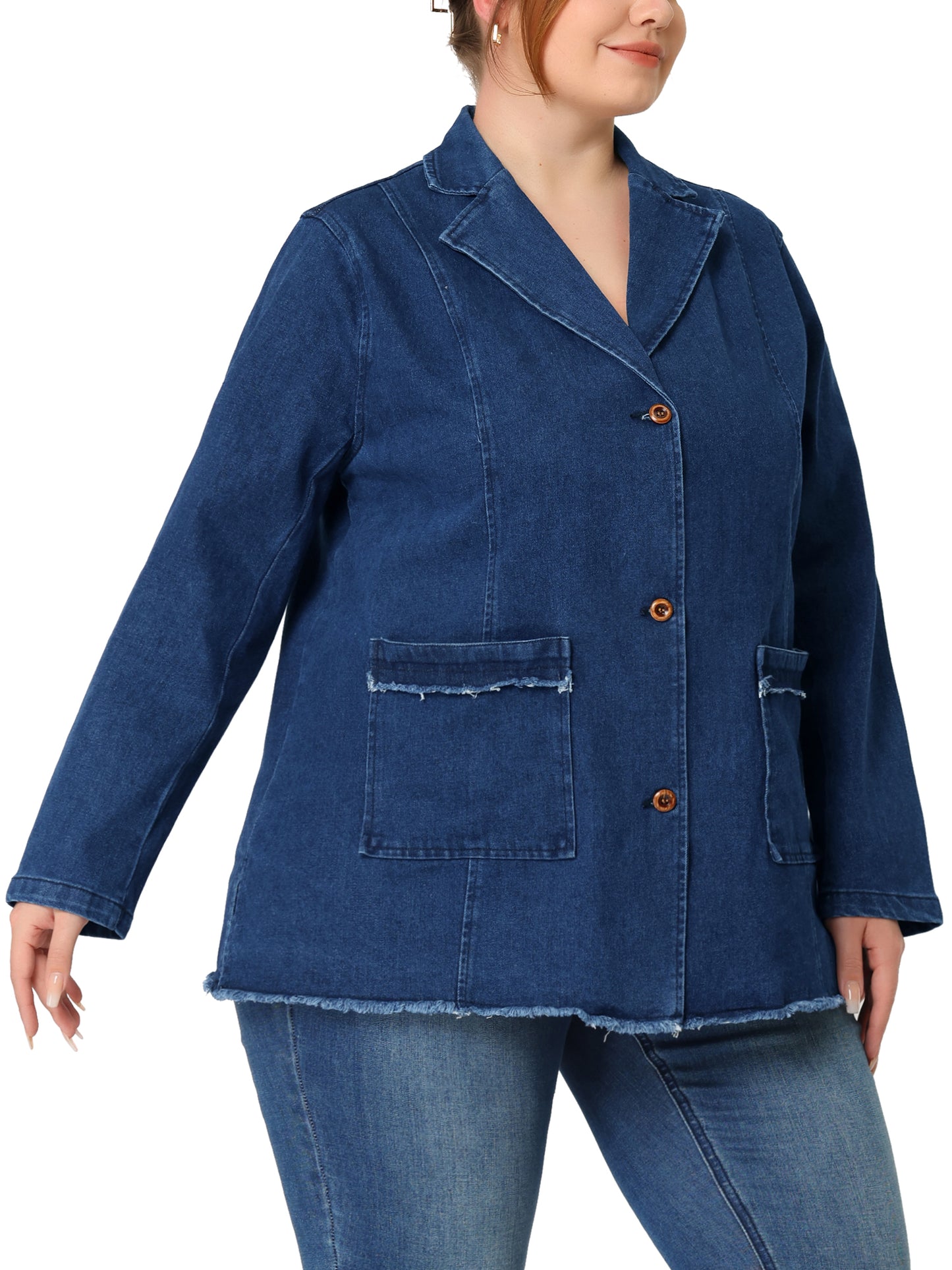 Women's Plus Size Jeans Jackets Notched Lapel Button Front Denim Jacket