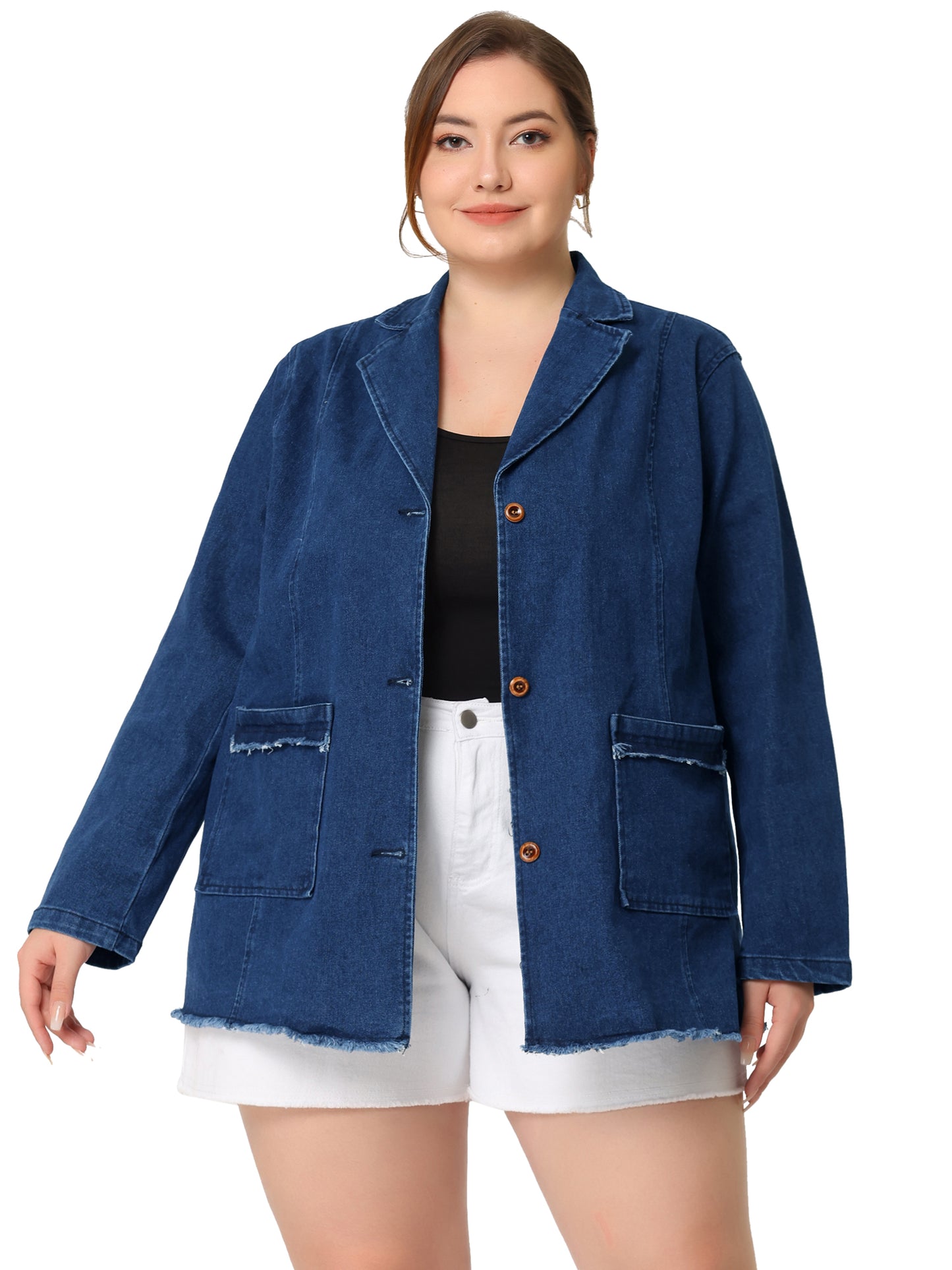 Women's Plus Size Jeans Jackets Notched Lapel Button Front Denim Jacket