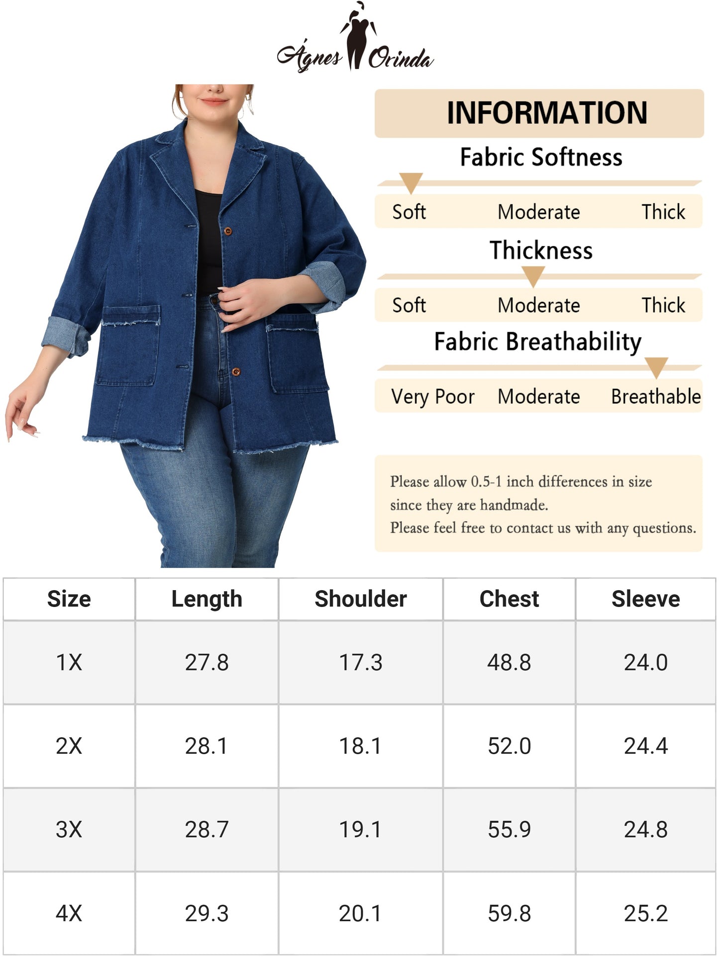 Women's Plus Size Jeans Jackets Notched Lapel Button Front Denim Jacket