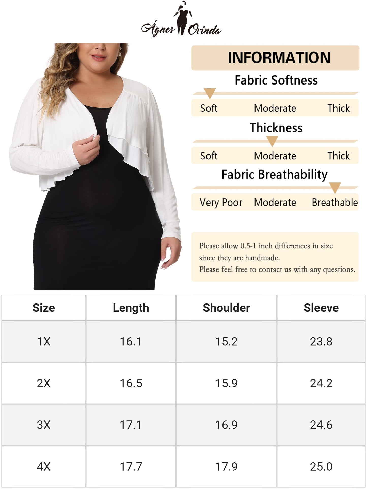 Women Plus Size Long Sleeve Open Front Elegant Cropped Shrugs Bolero Cardigan
