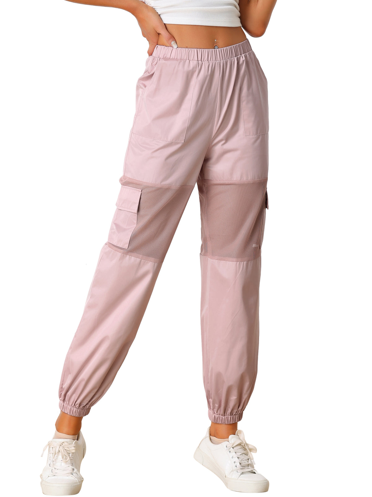 Women's High Waist Sports Elastic Mesh Panel Sheer Baggy Cargo Pants
