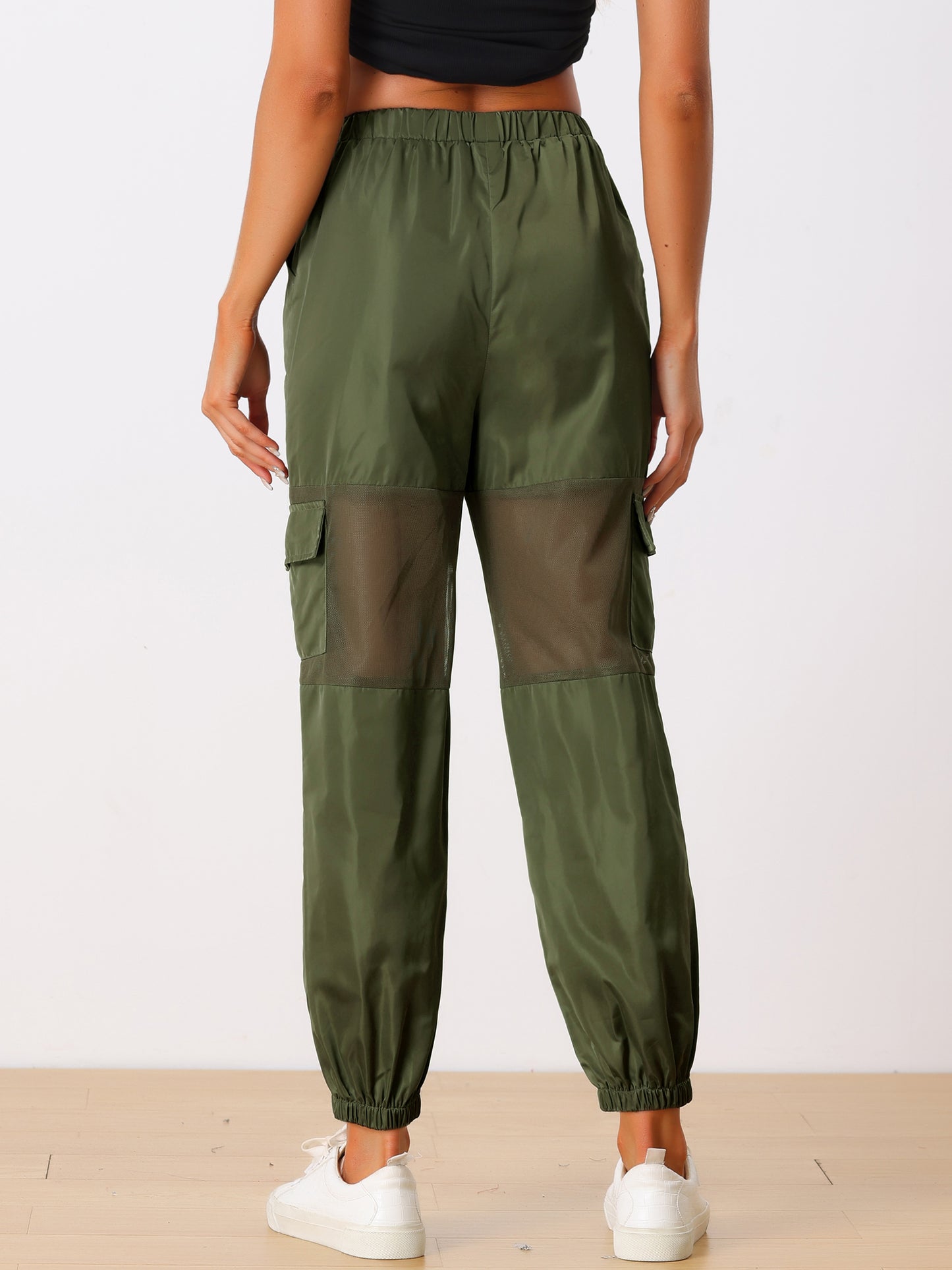 Women's Cargo Pant High Waist Sports Elastic Mesh Panel Sheer Baggy Pants