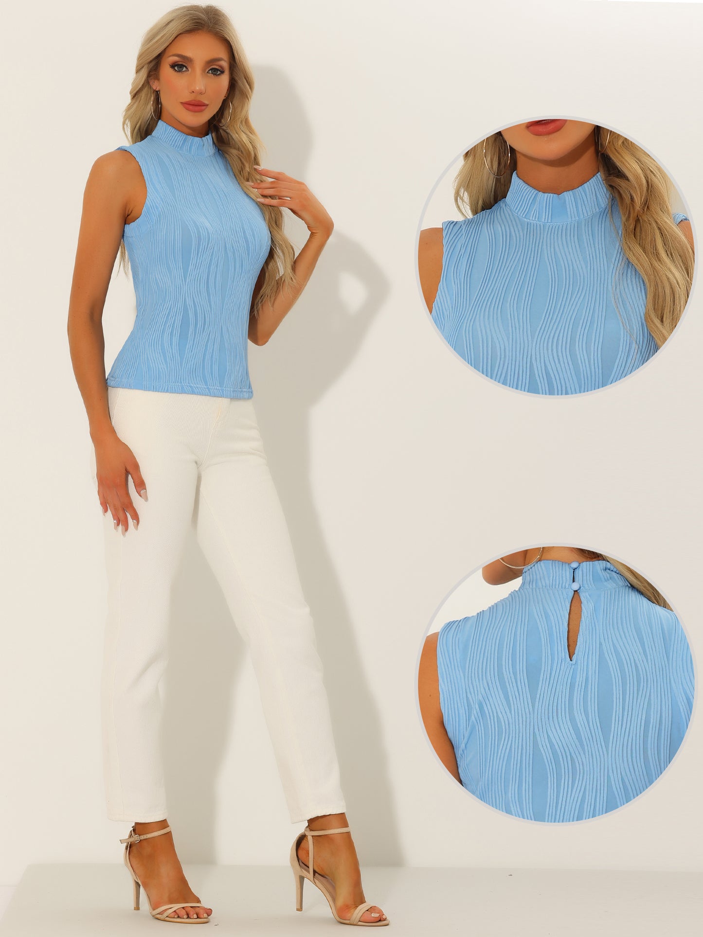 Women's Sleeveless Fitted Top Mock Neck Textured Ribbed Knit Tank Tops