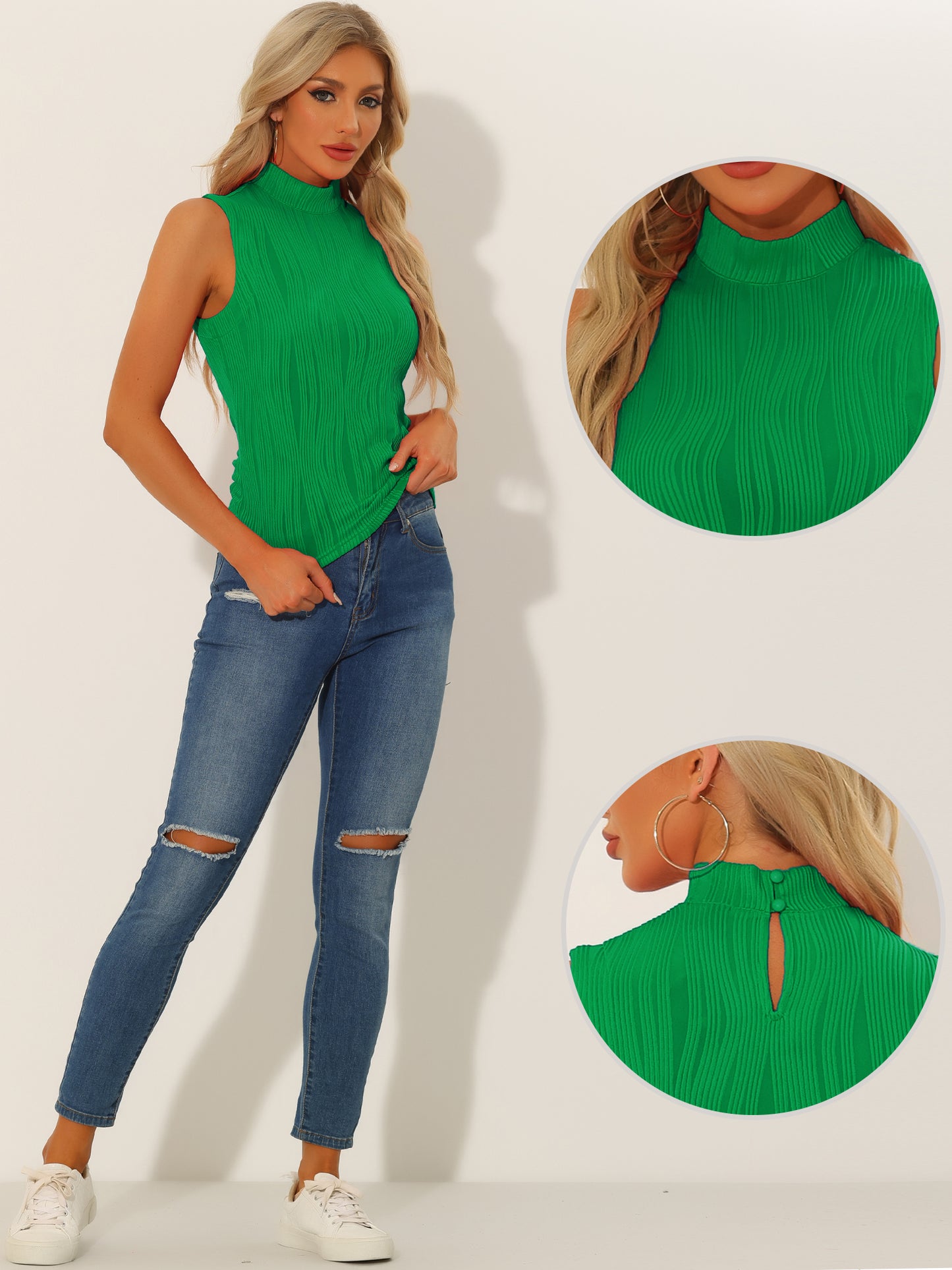 Women's Sleeveless Fitted Top Mock Neck Textured Ribbed Knit Tank Tops