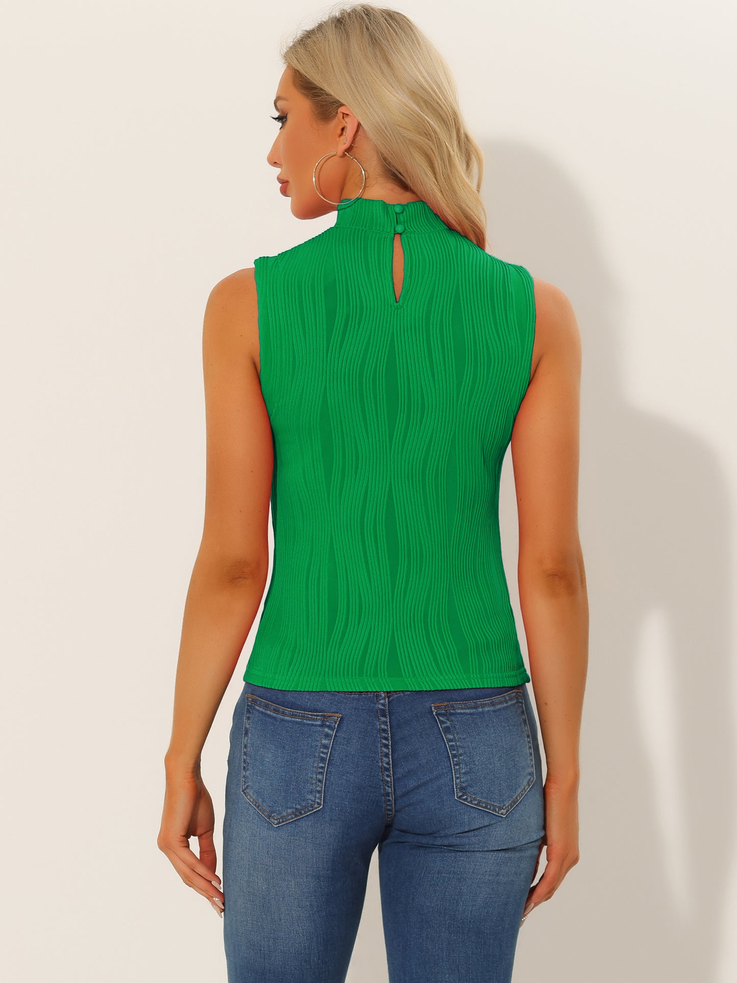 Women's Sleeveless Fitted Top Mock Neck Textured Ribbed Knit Tank Tops