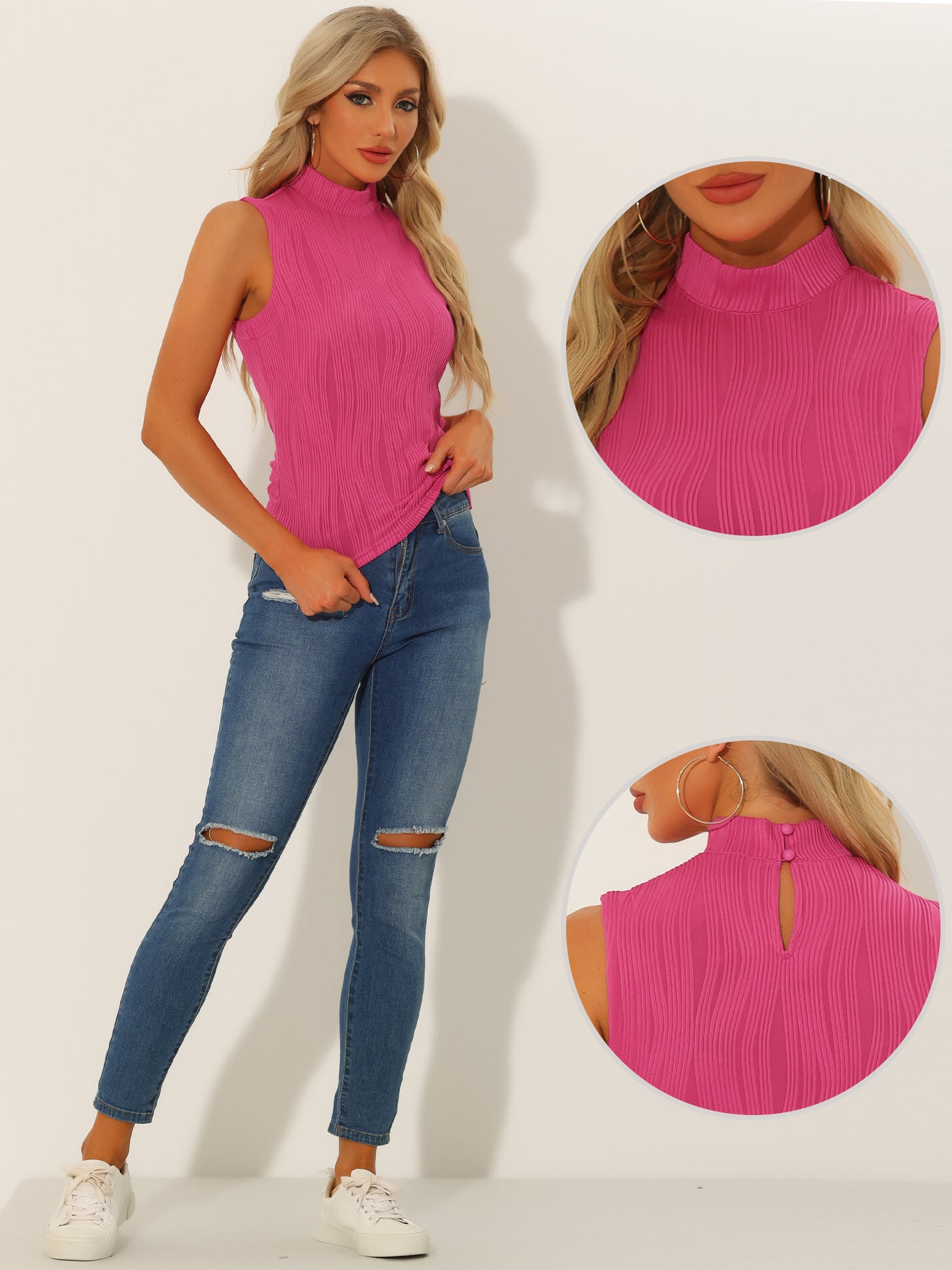 Women's Sleeveless Fitted Top Mock Neck Textured Ribbed Knit Tank Tops