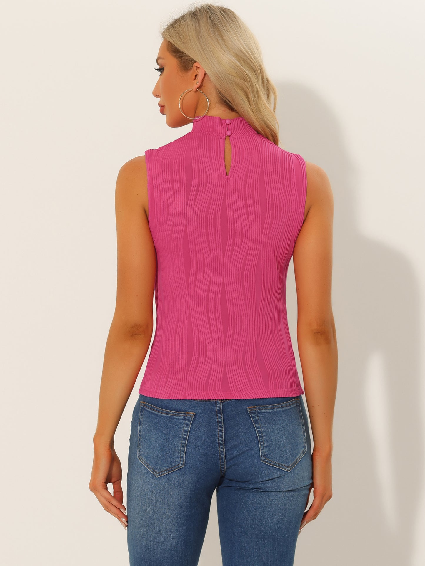 Women's Sleeveless Fitted Top Mock Neck Textured Ribbed Knit Tank Tops