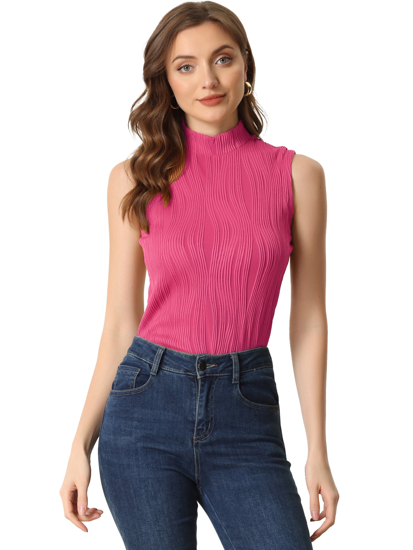 Women's Sleeveless Fitted Top Mock Neck Textured Ribbed Knit Tank Tops