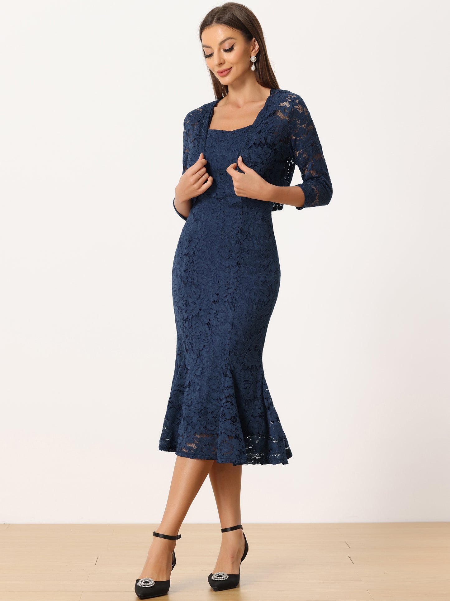Women's 2 Pieces Wedding Guest Sleeveless Evening Lace Dress