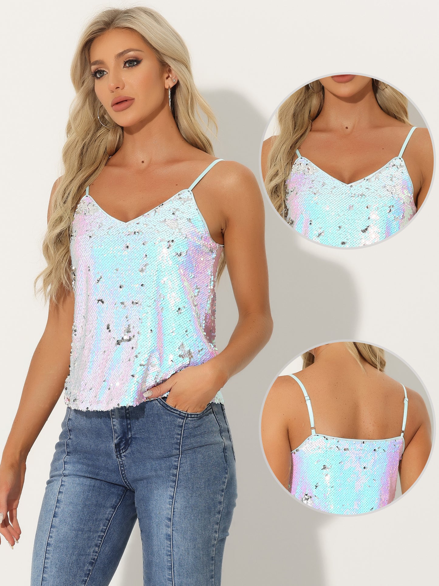 Women's Sequined Shining Camisole Club Party Glitter Disco Sparkle Cami Top