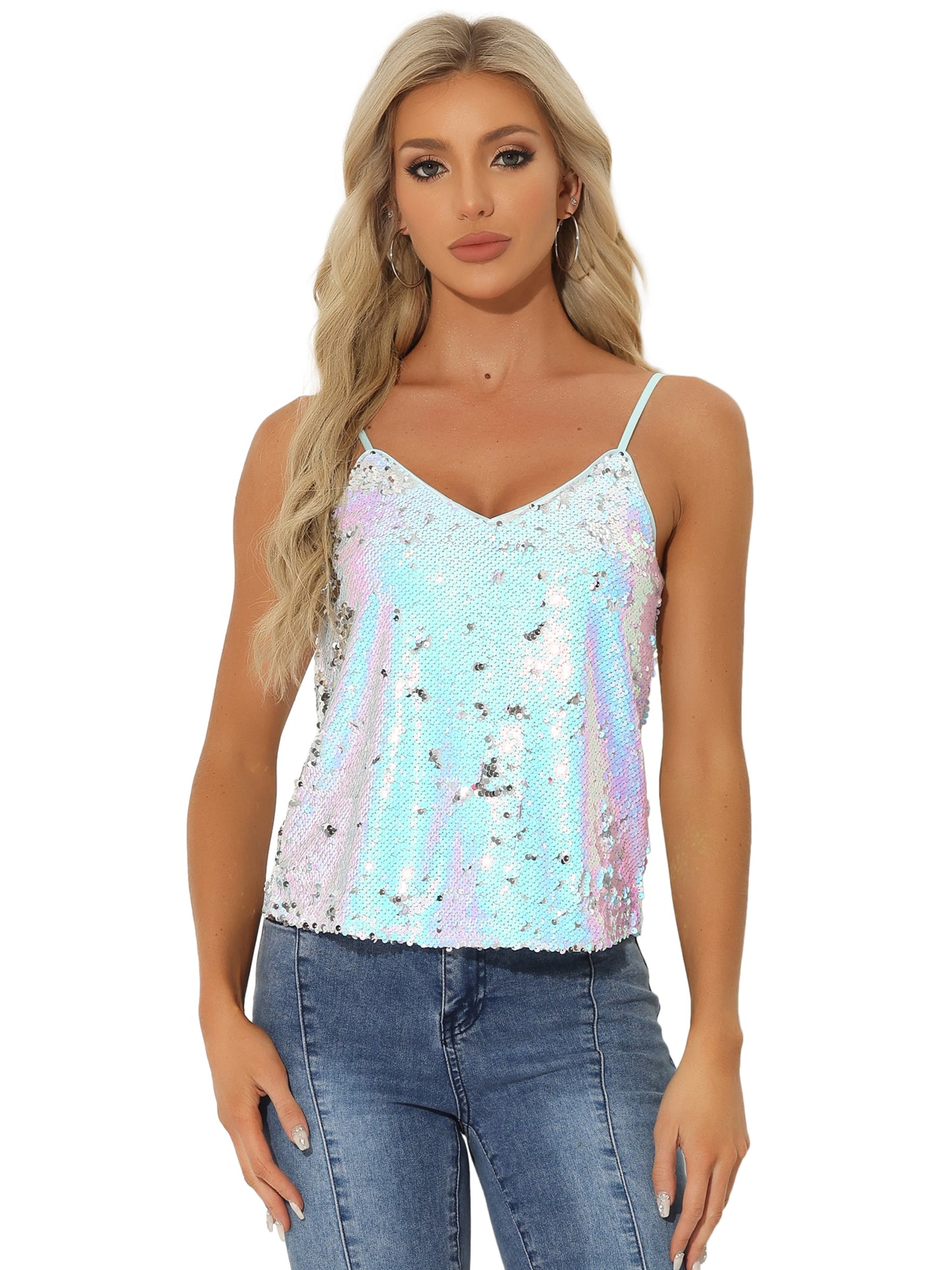 Women's Sequined Shining Camisole Club Party Glitter Disco Sparkle Cami Top