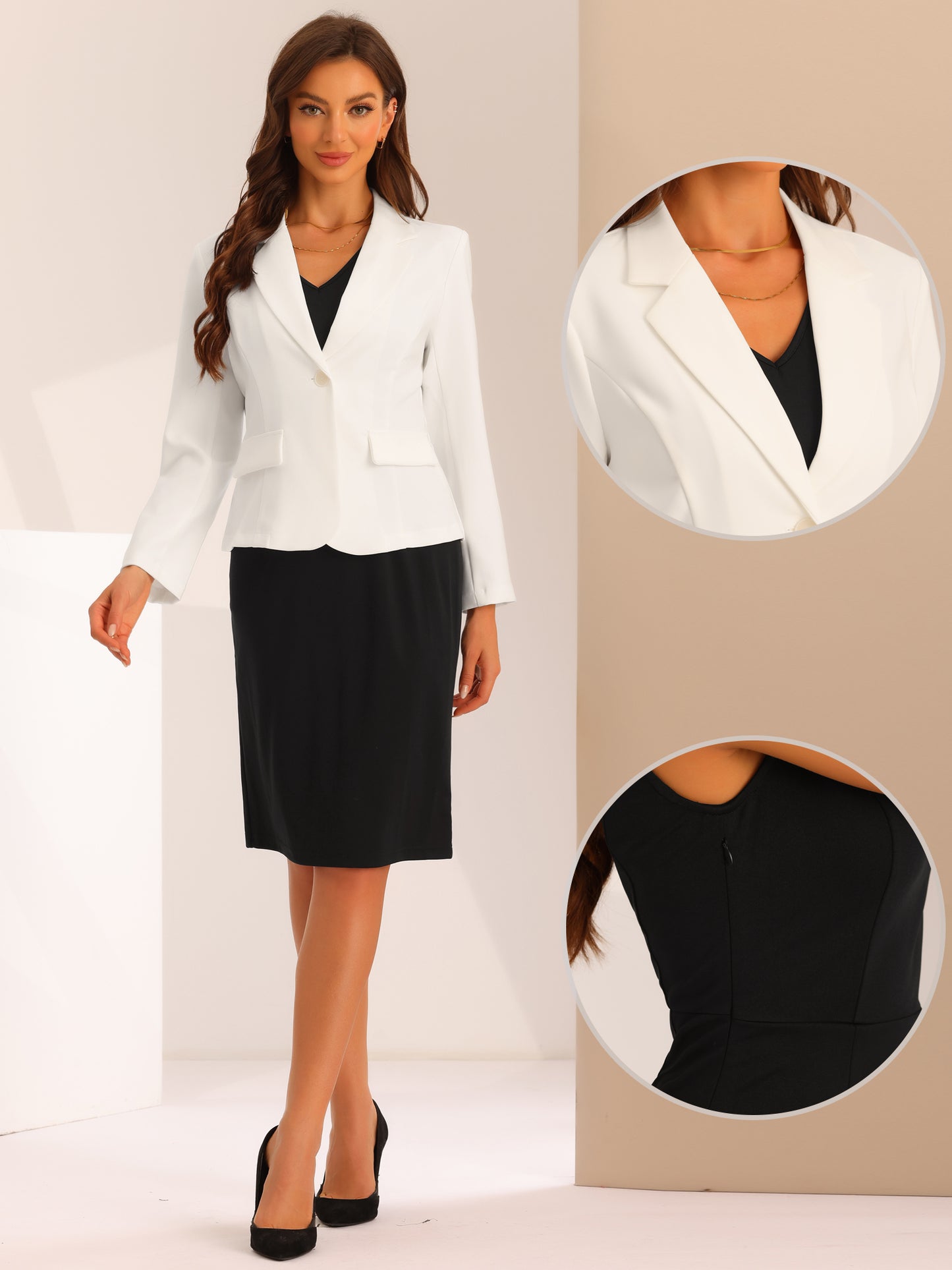 Women's 2 Piece Business Dress Suit Set Work Office Notched Lapel Blazer V Neck Dress