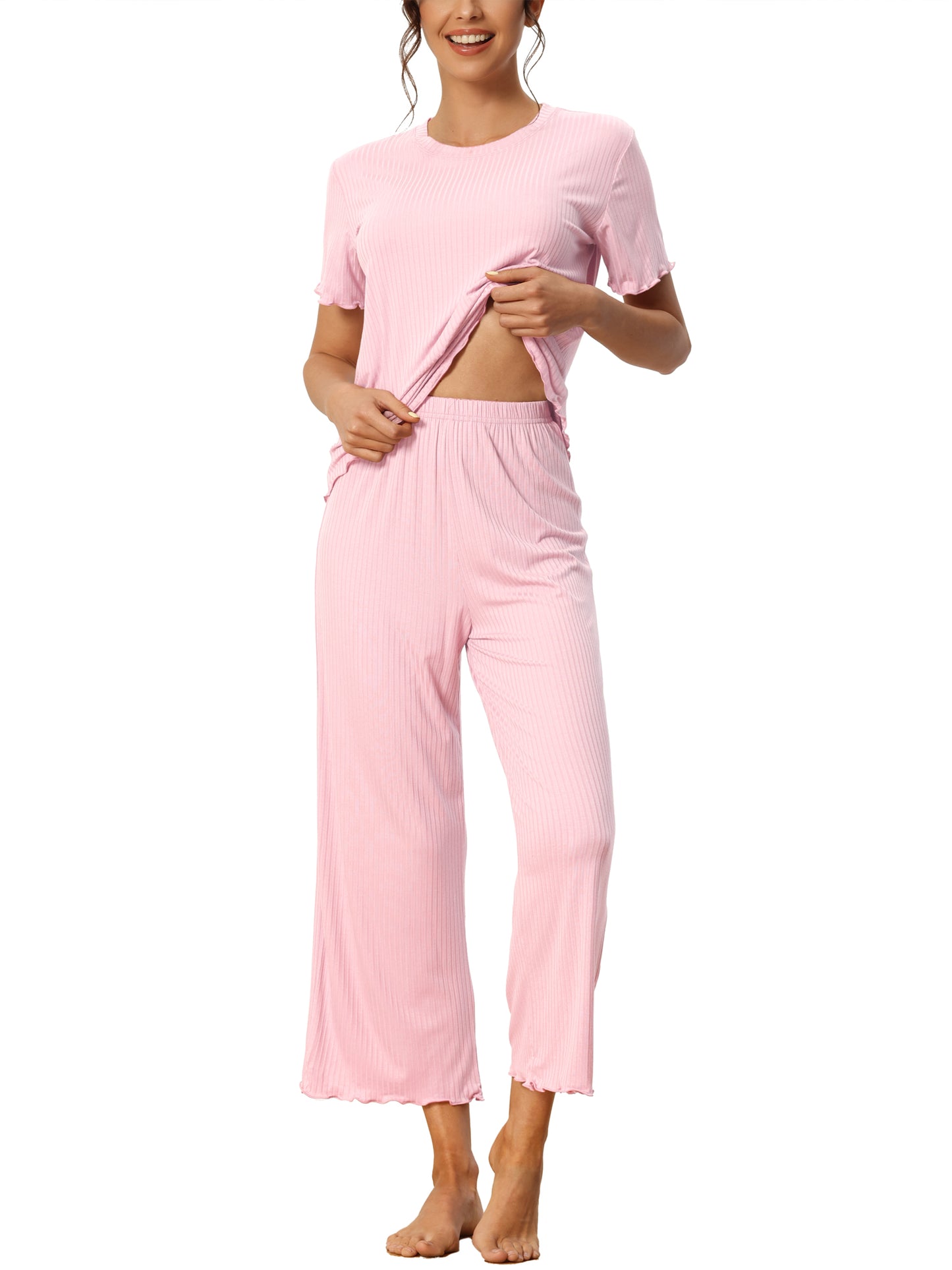 Conjunto de pijama capri de manga corta con cuello redondo y camisa de punto para mujer