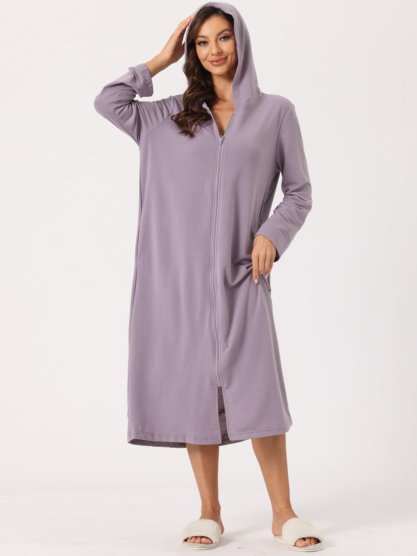 Robe sweat-shirt à capuche pour femme, fermeture éclair, manches longues, avec poches