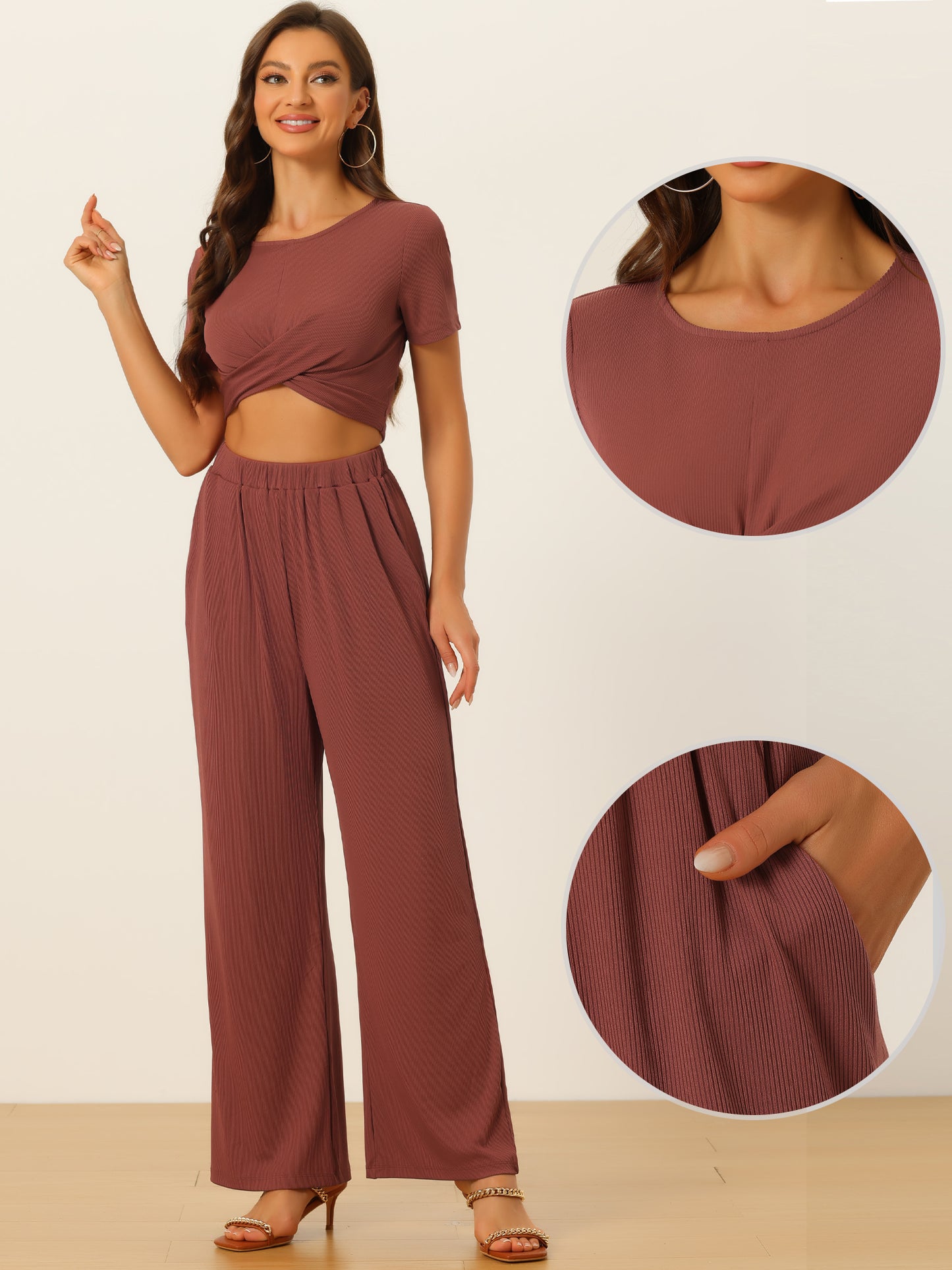 Women's 2 Piece Summer Set Casual Shrot Sleeve Front Twist Cropped Top Wide Leg Pants