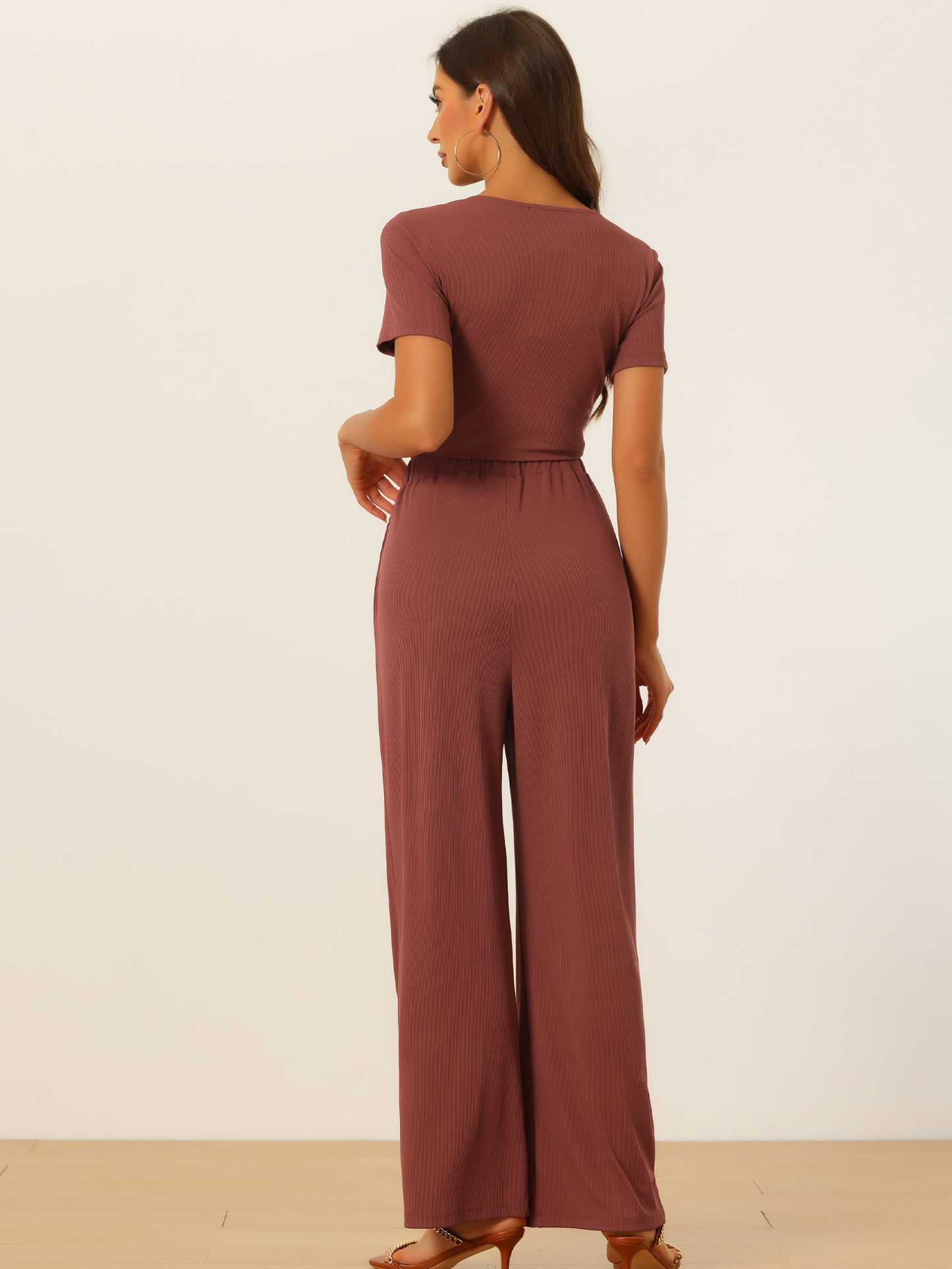 Women's 2 Piece Summer Set Casual Shrot Sleeve Front Twist Cropped Top Wide Leg Pants
