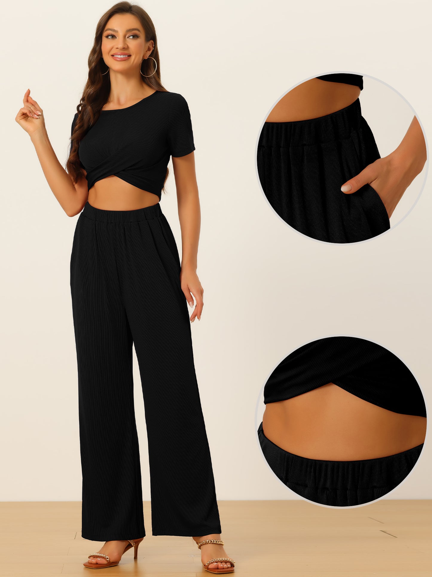 Women's 2 Piece Summer Set Casual Shrot Sleeve Front Twist Cropped Top Wide Leg Pants