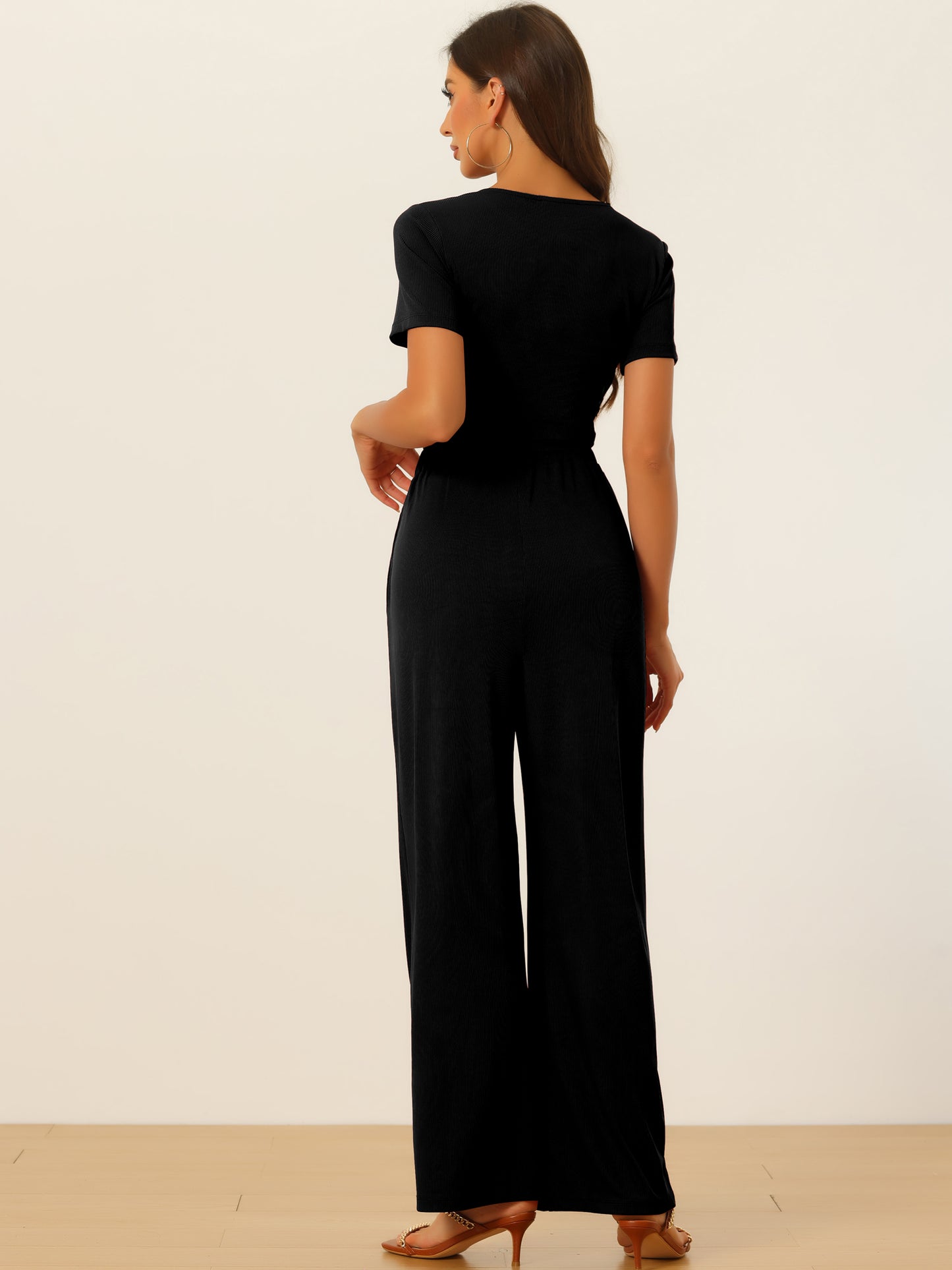 Women's 2 Piece Summer Set Casual Shrot Sleeve Front Twist Cropped Top Wide Leg Pants