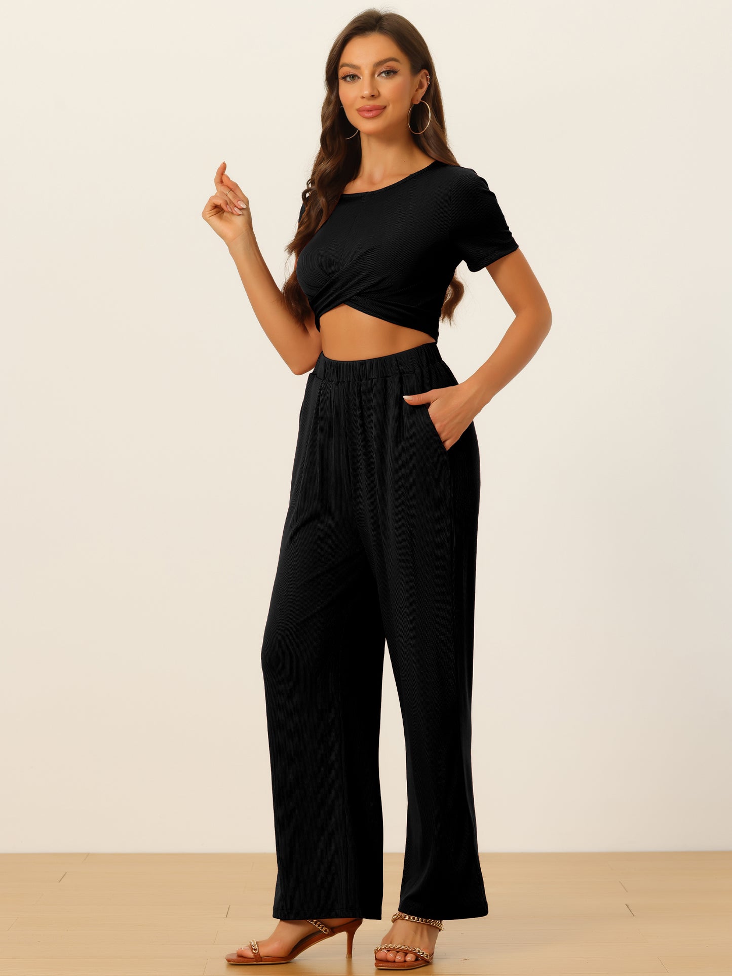 Women's 2 Piece Summer Set Casual Shrot Sleeve Front Twist Cropped Top Wide Leg Pants