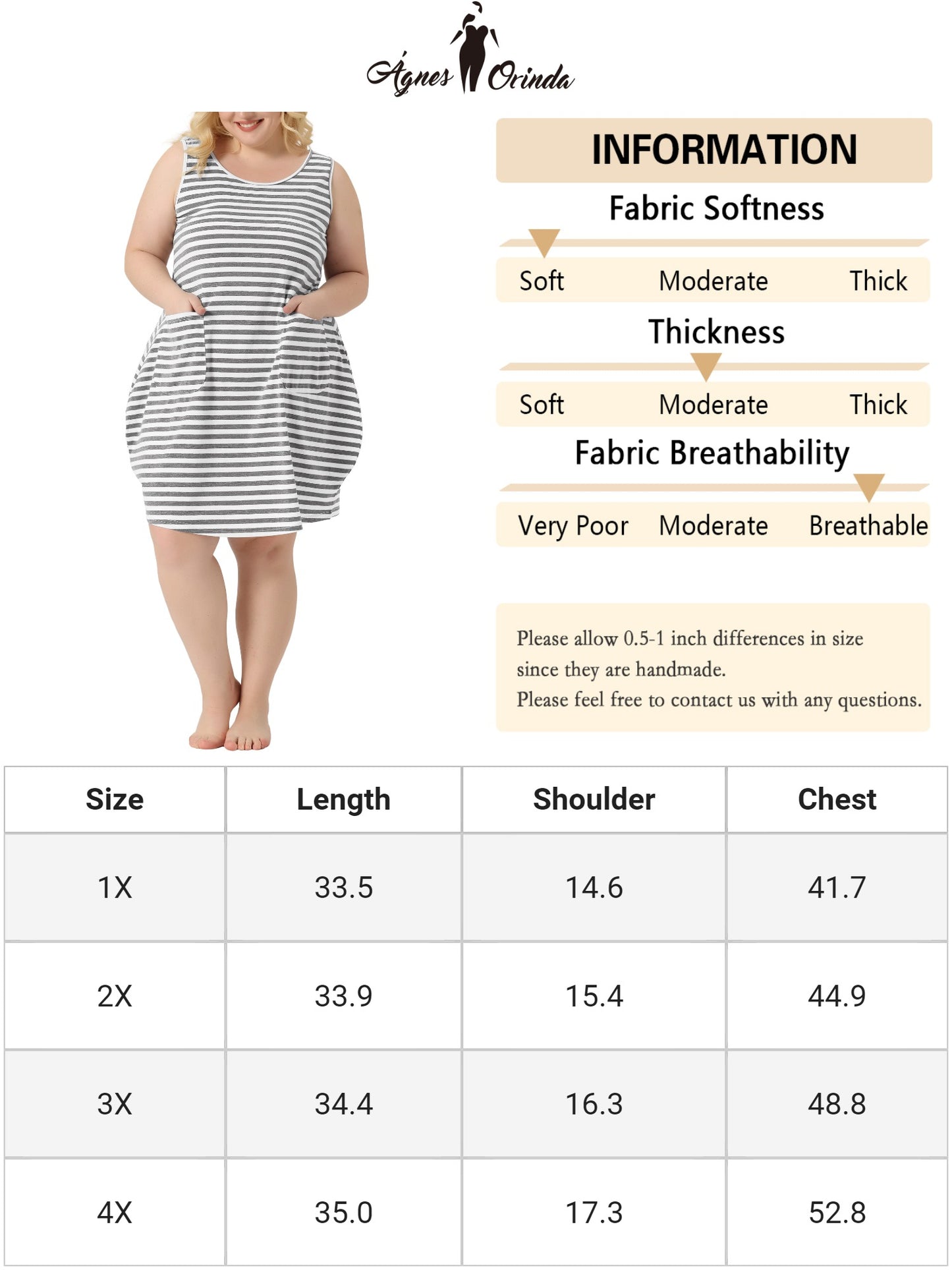 Camisón de dormir sin mangas de talla grande para mujer, camisón de pijama con bolsillos