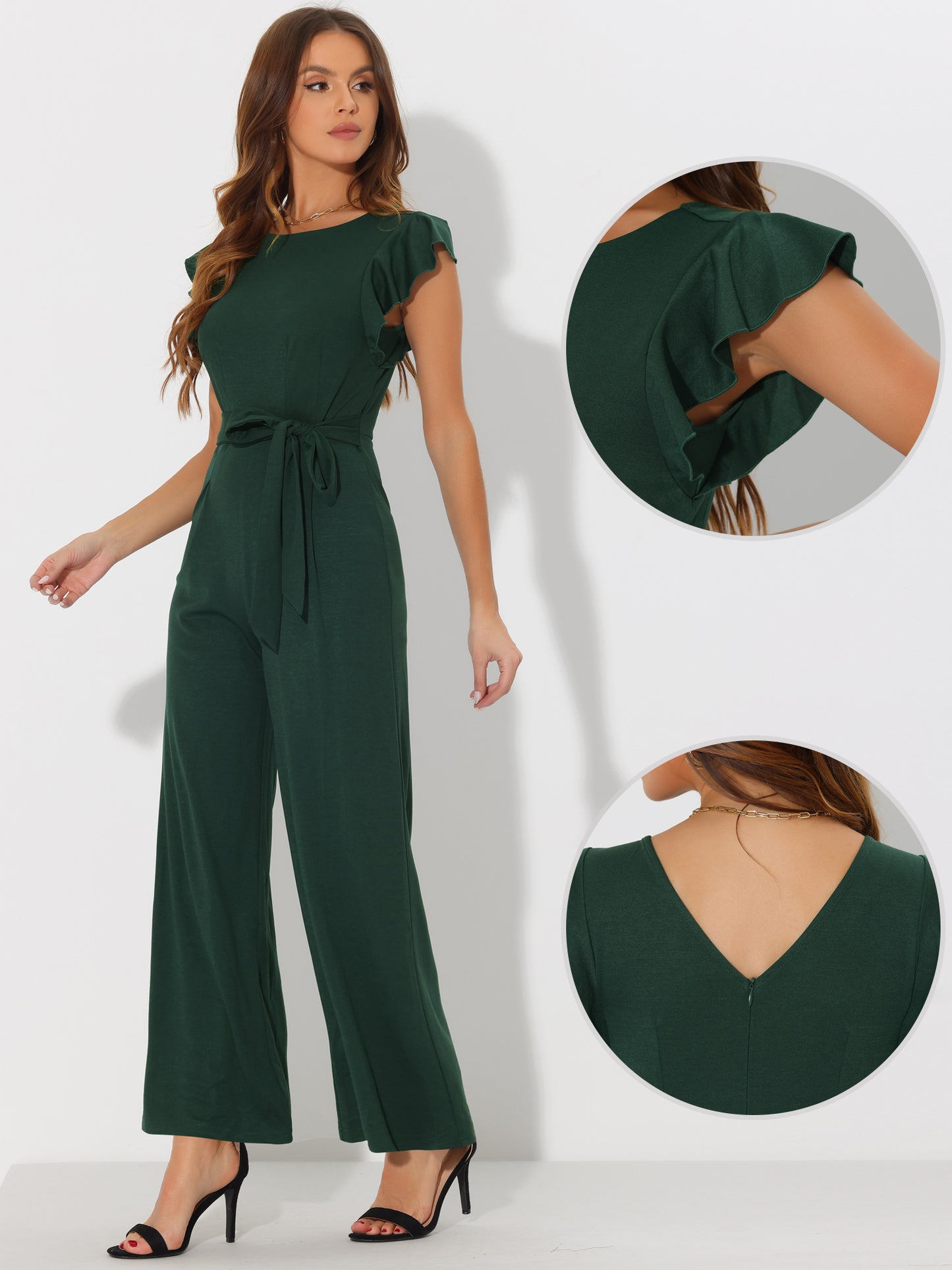 Women's Sleeveless Ruffle Jumpsuits High Waist Wide Legs Belted Elegant Office Romper