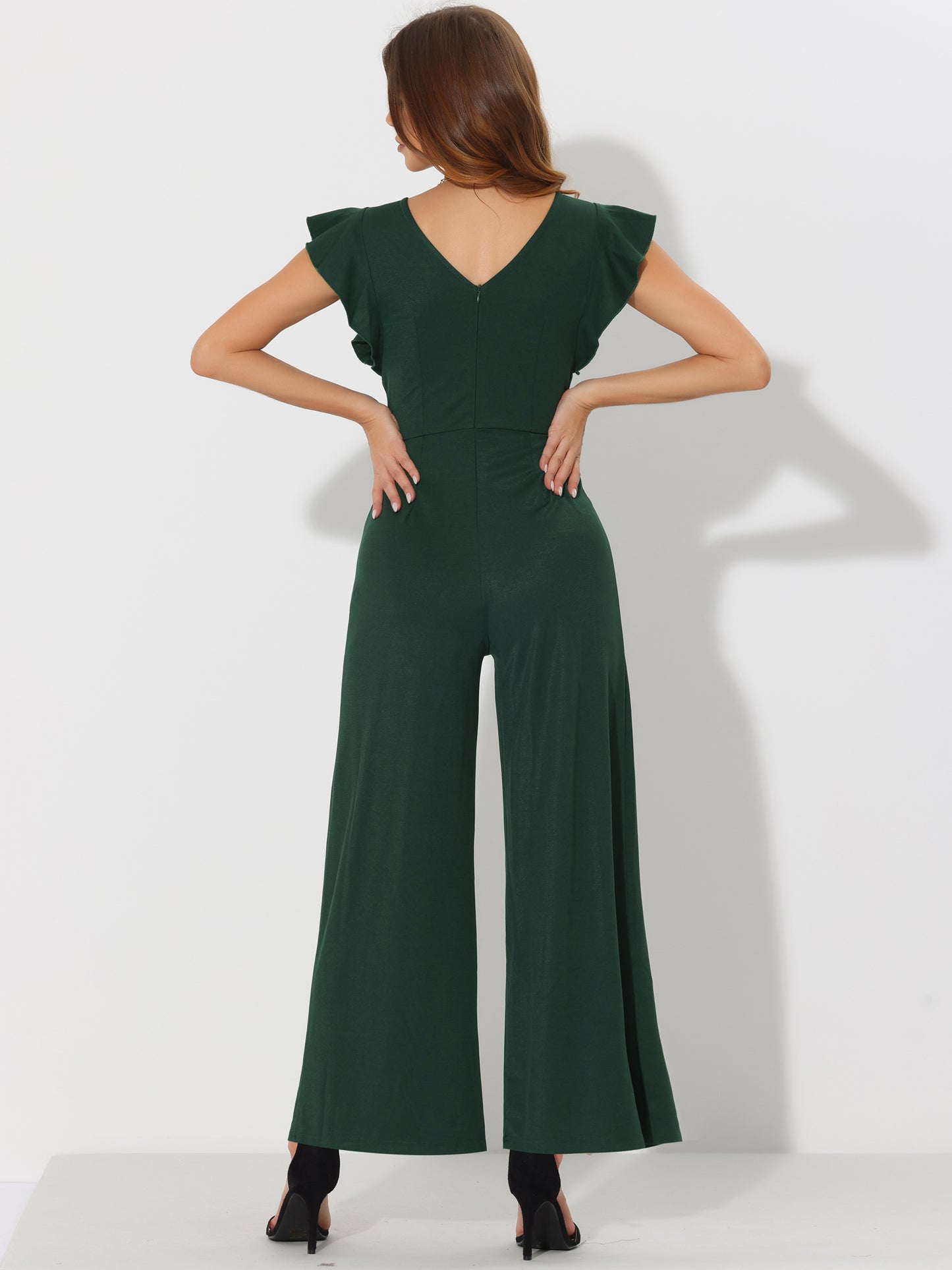 Women's Sleeveless Ruffle Jumpsuits High Waist Wide Legs Belted Elegant Office Romper
