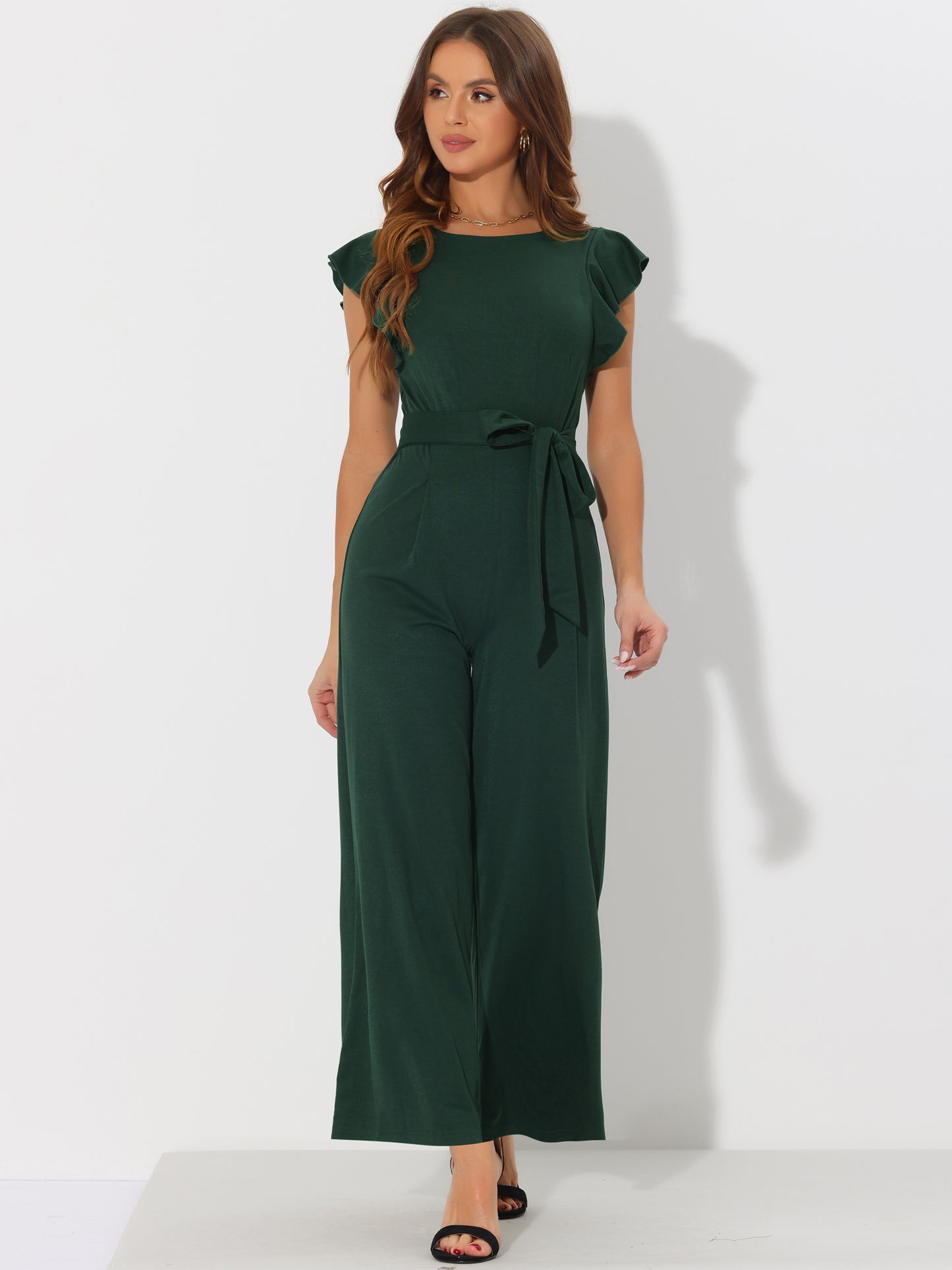 Women's Sleeveless Ruffle Jumpsuits High Waist Wide Legs Belted Elegant Office Romper