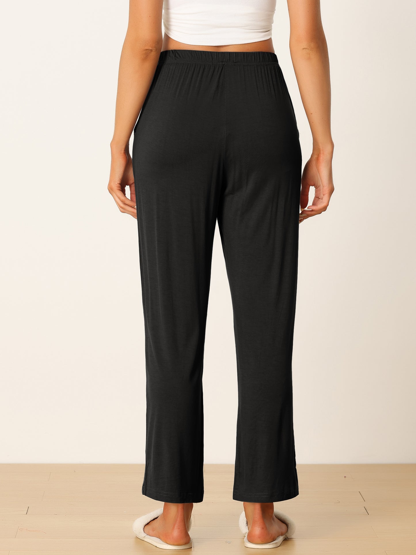 Women's Cotton Sleep Pants Elastic Waist Wide-Leg Straight Pants Sleepwear with Pockets
