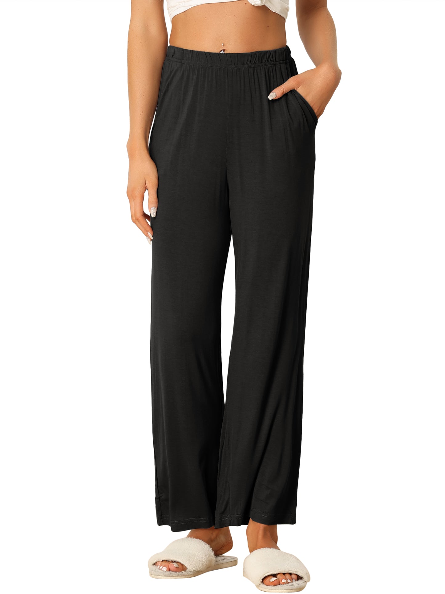 Women's Cotton Sleep Pants Elastic Waist Wide-Leg Straight Pants Sleepwear with Pockets