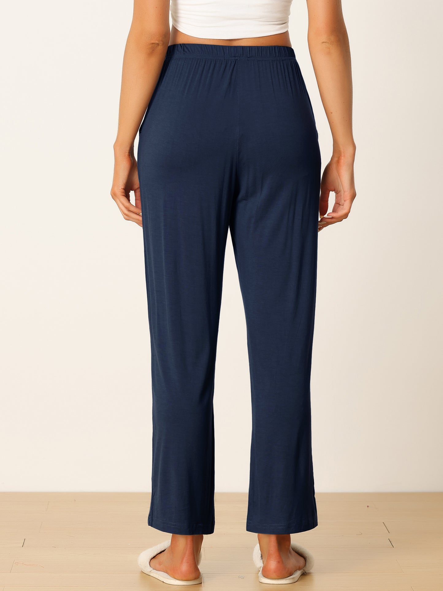 Women's Cotton Sleep Pants Elastic Waist Wide-Leg Straight Pants Sleepwear with Pockets