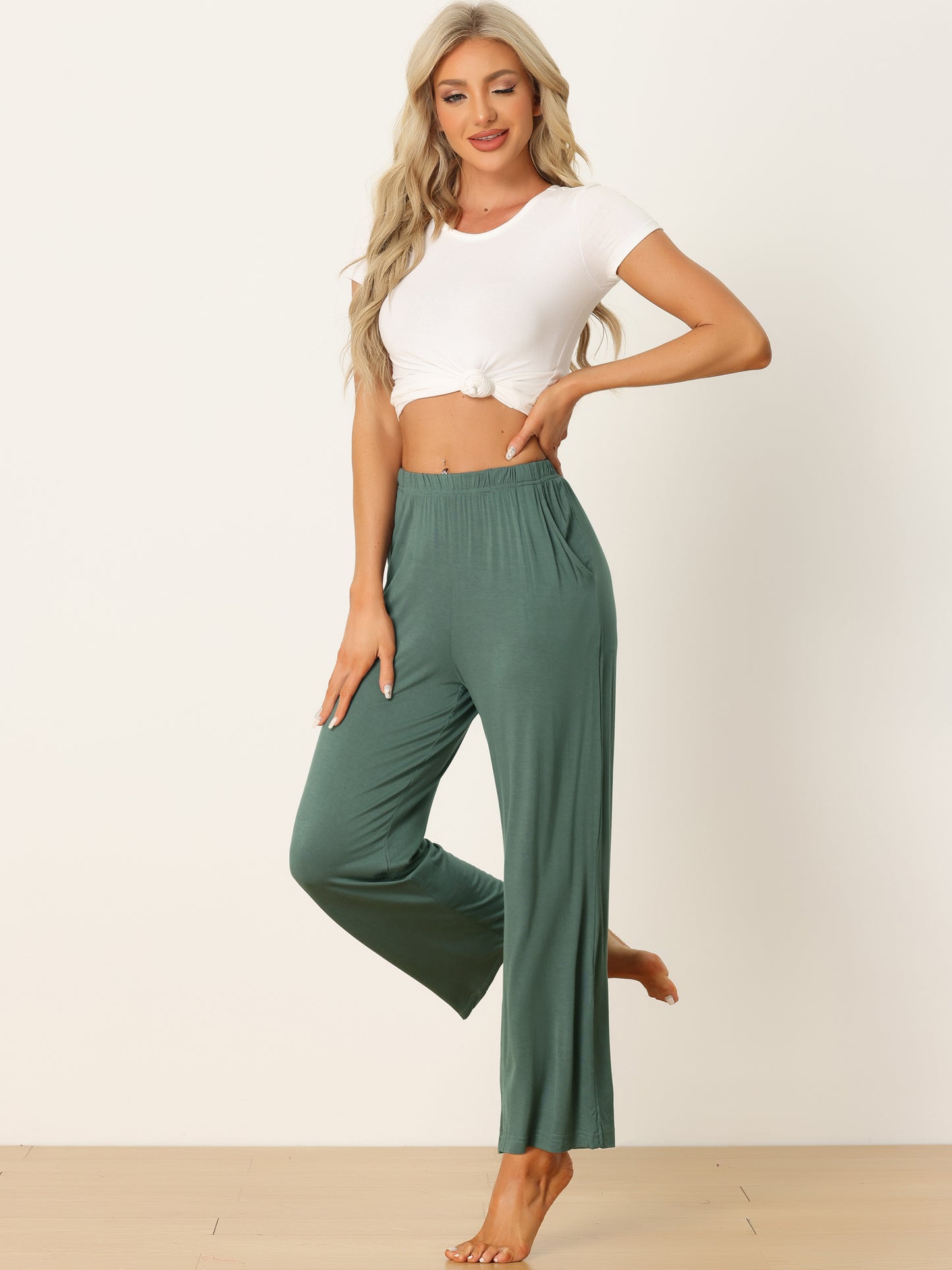 Women's Cotton Sleep Pants Elastic Waist Wide-Leg Straight Pants Sleepwear with Pockets